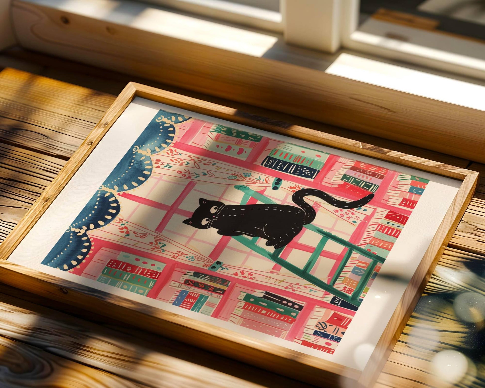 Affiche chat noir dans la bibliothèque – illustration colorée et cosy – déco murale féline et littéraire - idée cadeau fête des mères