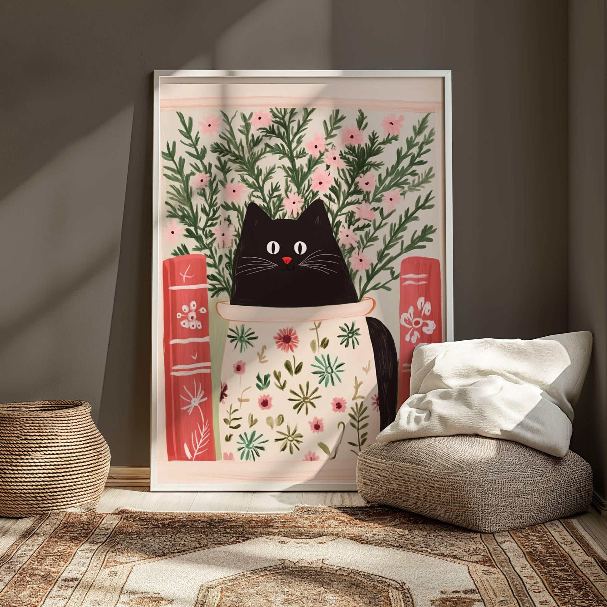 Illustration chat noir entre livres et pétales – affiche féline littéraire et florale – art mural poétique – déco murale chambre ou salon