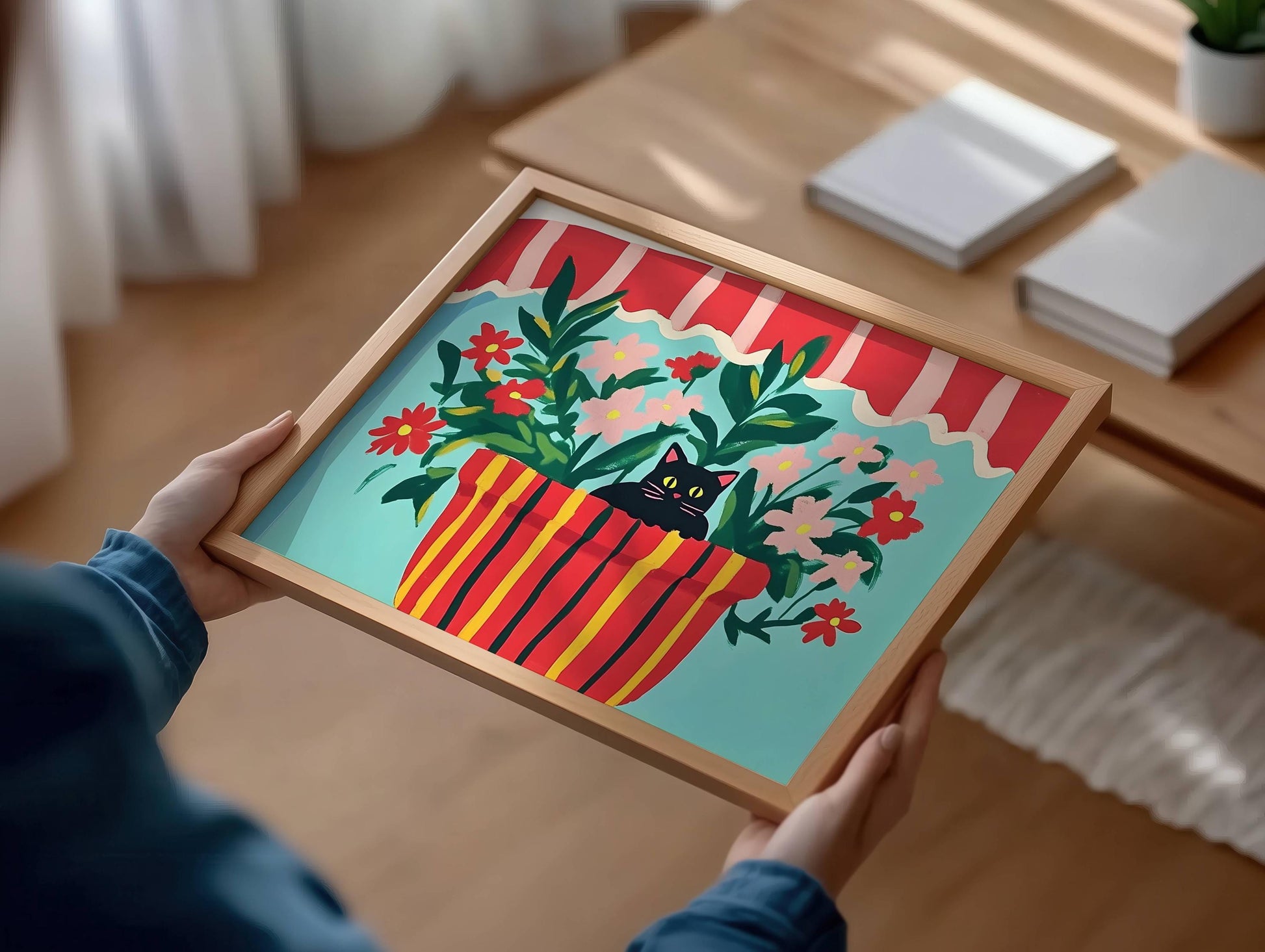 Affiche chat noir et fleurs "Au creux des fleurs" – illustration murale colorée - amoureux des chats