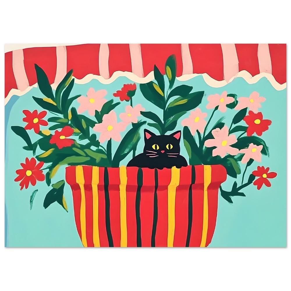 Affiche chat noir et fleurs "Au creux des fleurs" – illustration murale colorée - amoureux des chats