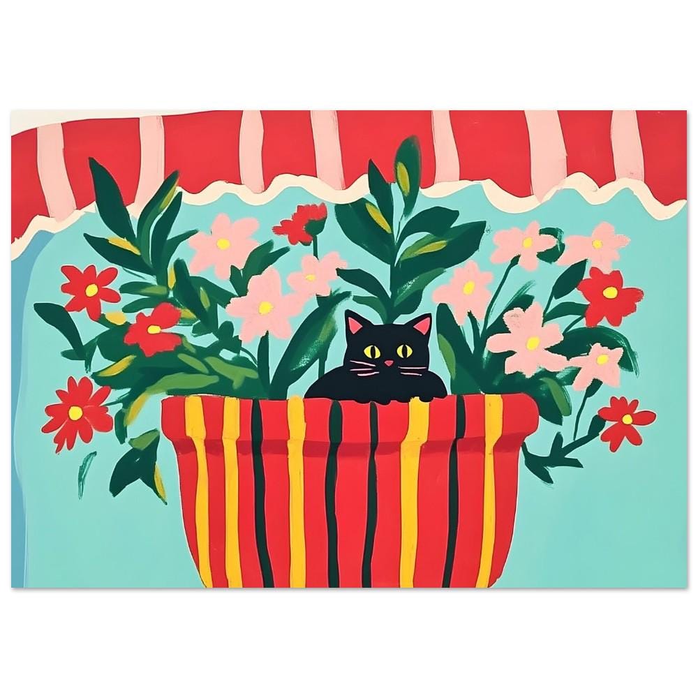 Affiche chat noir et fleurs "Au creux des fleurs" – illustration murale colorée - amoureux des chats