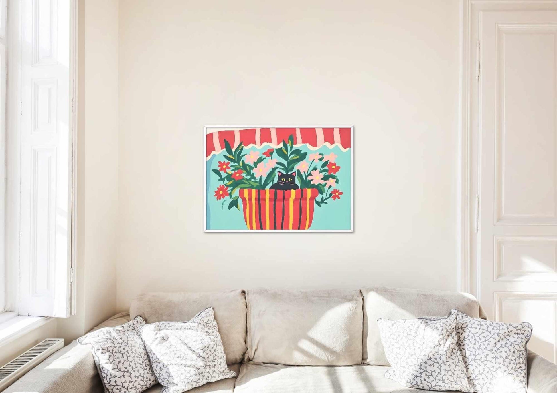 Affiche chat noir et fleurs "Au creux des fleurs" – illustration murale colorée - amoureux des chats