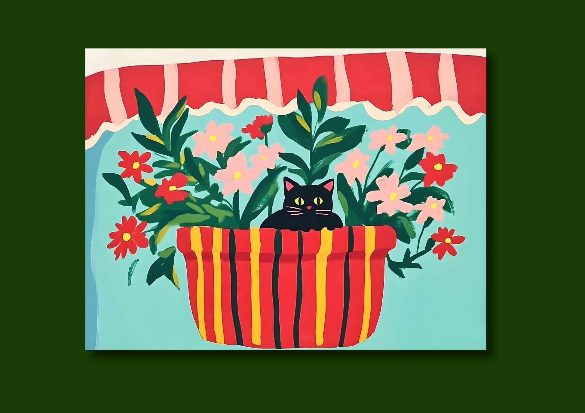 Affiche chat noir et fleurs "Au creux des fleurs" – illustration murale colorée - amoureux des chats