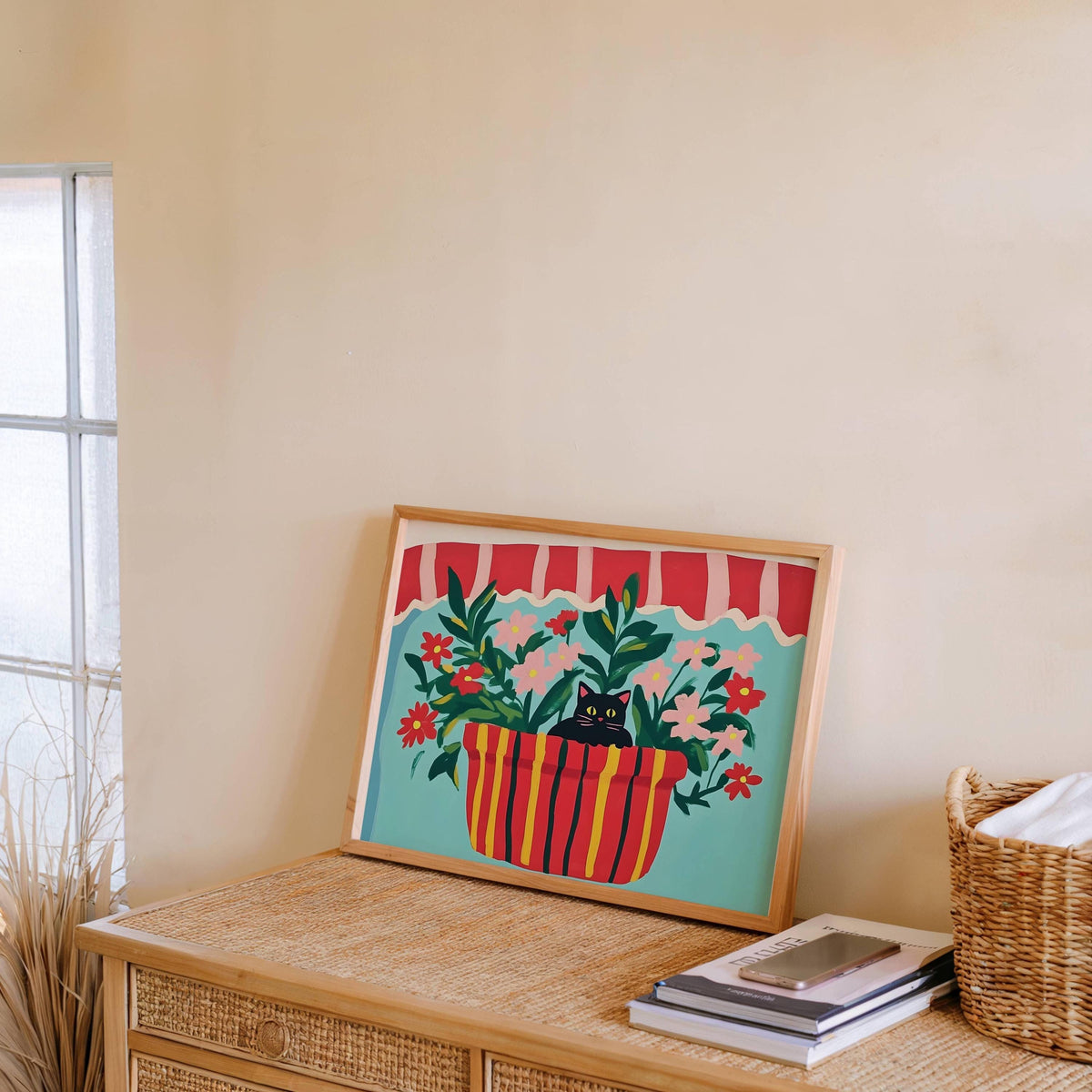 Affiche chat noir et fleurs "Au creux des fleurs" – illustration murale colorée - amoureux des chats