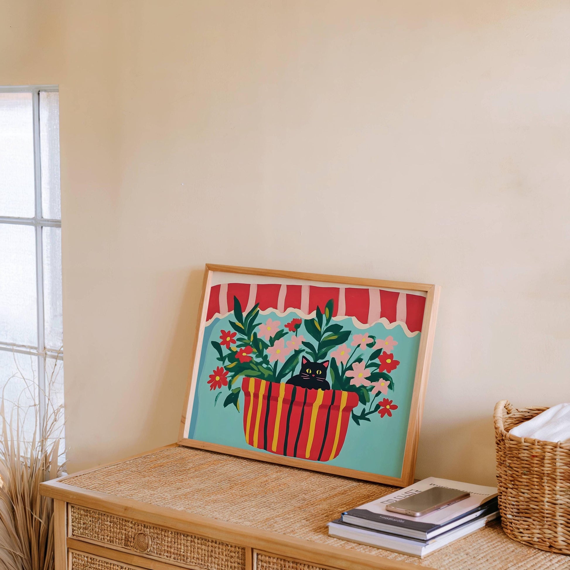 Affiche chat noir et fleurs "Au creux des fleurs" – illustration murale colorée - amoureux des chats