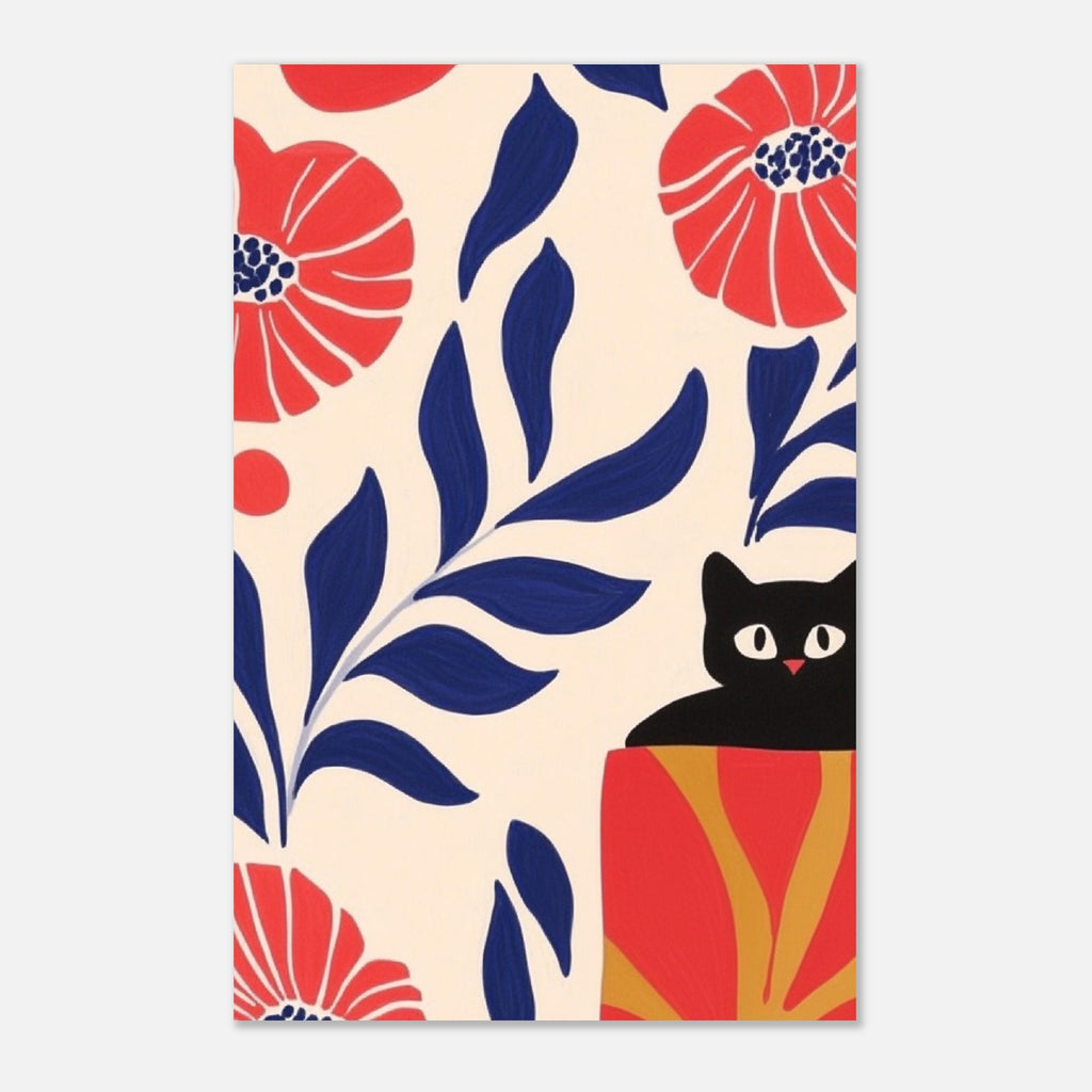 Illustration "Le chat noir et les fleurs sauvages" – Illustration cosy de chat - papier premium