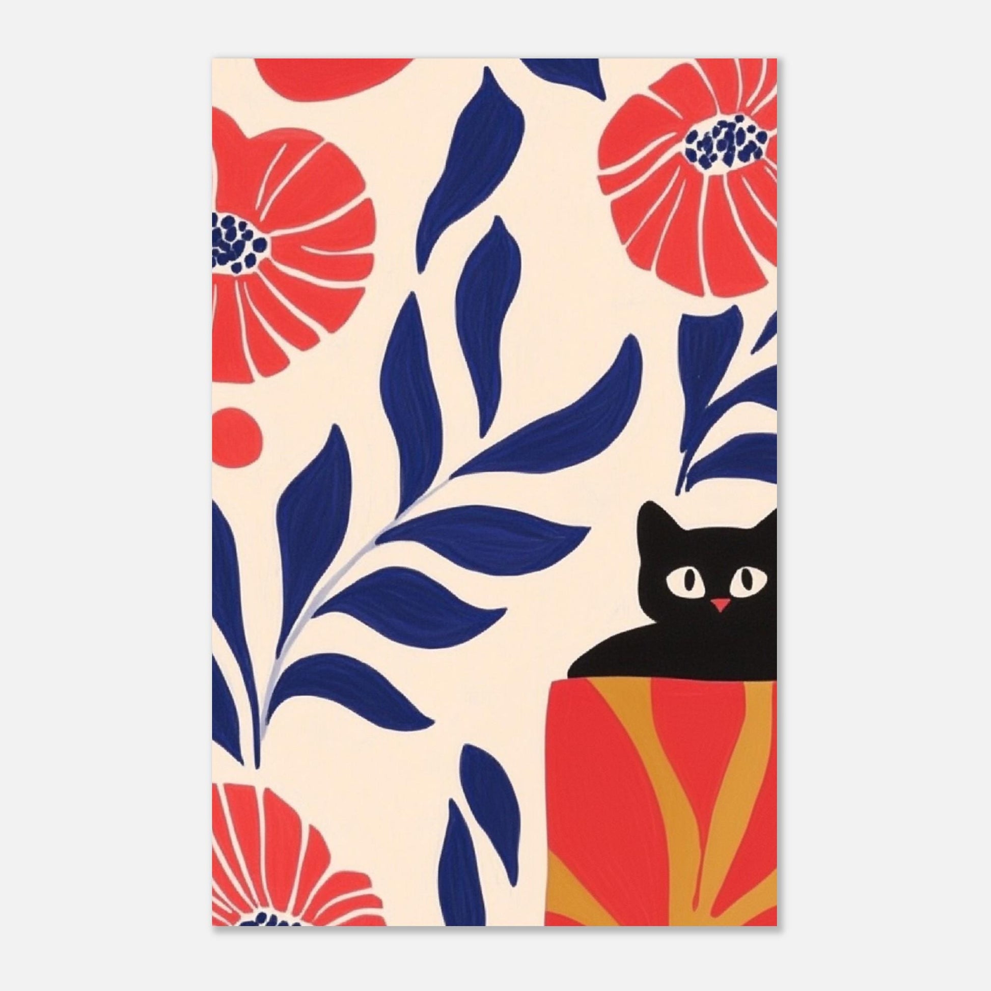 Illustration "Le chat noir et les fleurs sauvages" – Illustration cosy de chat - papier premium
