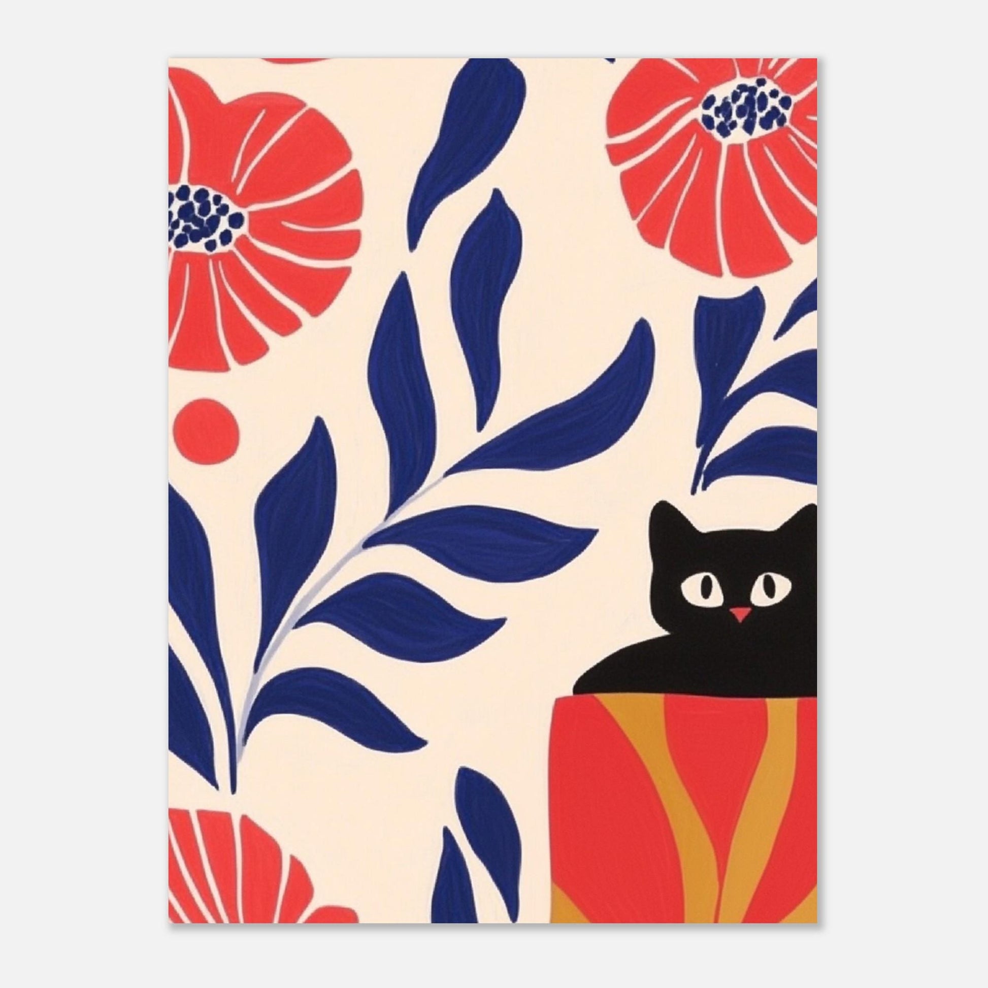Illustration "Le chat noir et les fleurs sauvages" – Illustration cosy de chat - papier premium