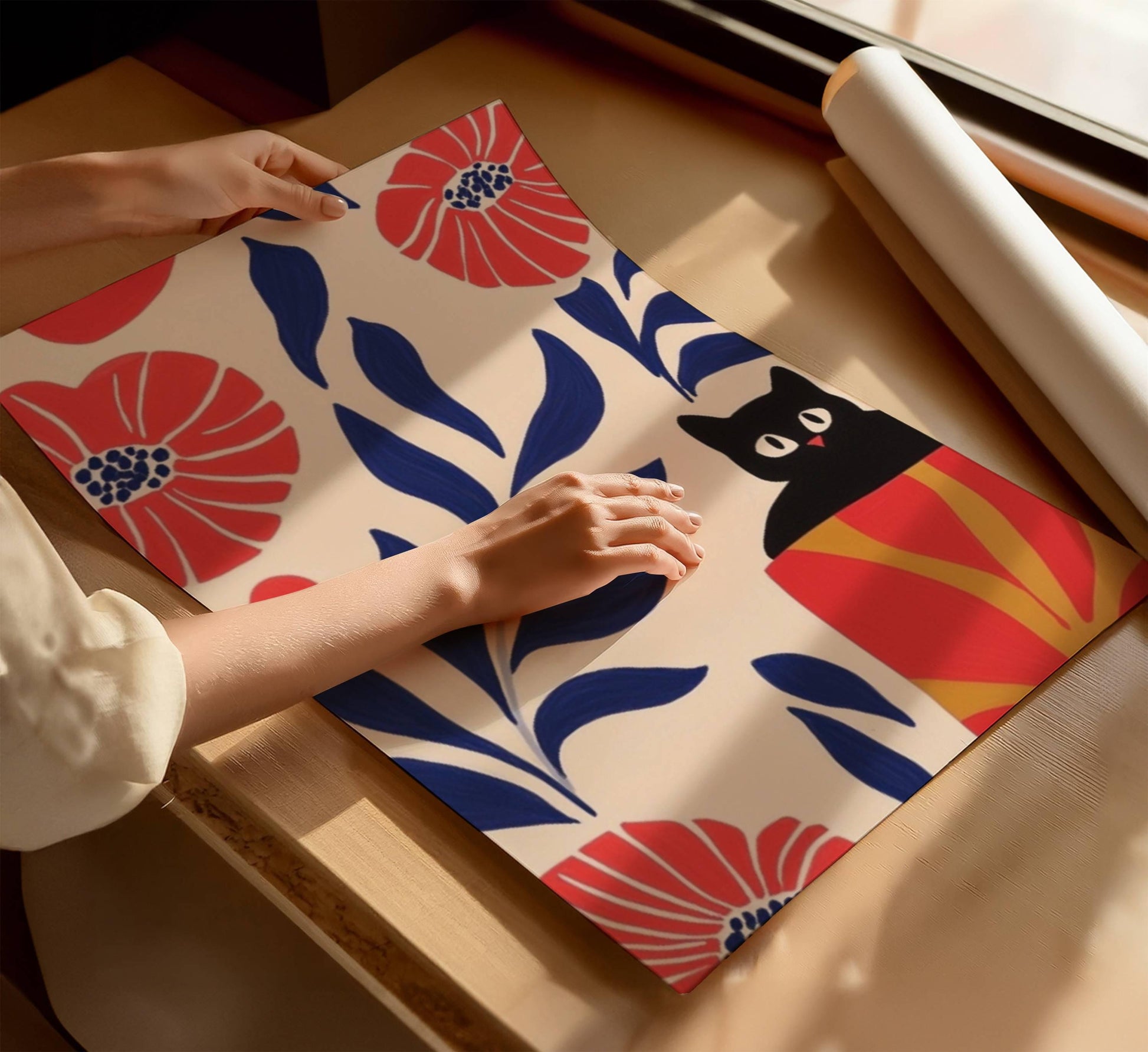 Illustration "Le chat noir et les fleurs sauvages" – Illustration cosy de chat - papier premium