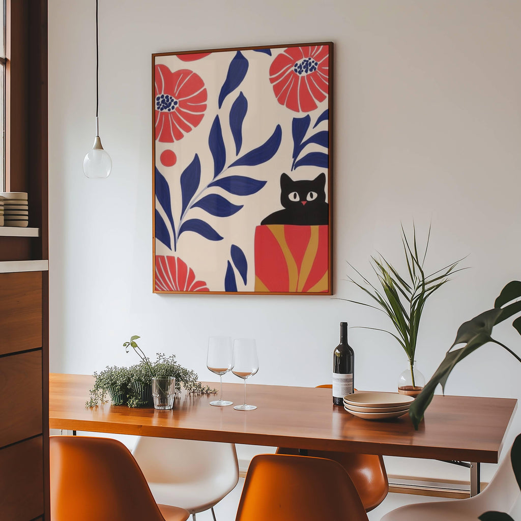 Illustration "Le chat noir et les fleurs sauvages" – Illustration cosy de chat - papier premium