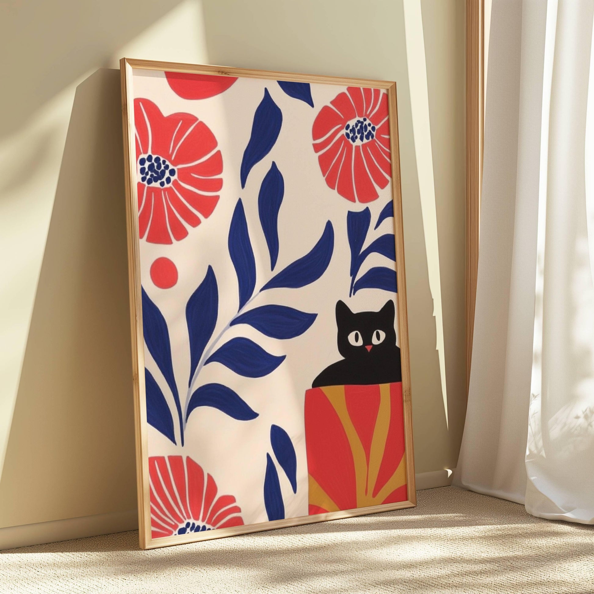 Illustration "Le chat noir et les fleurs sauvages" – Illustration cosy de chat - papier premium