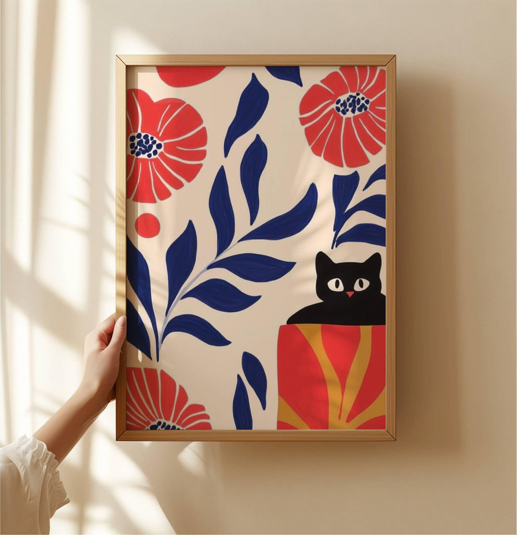 Illustration "Le chat noir et les fleurs sauvages" – Illustration cosy de chat - papier premium