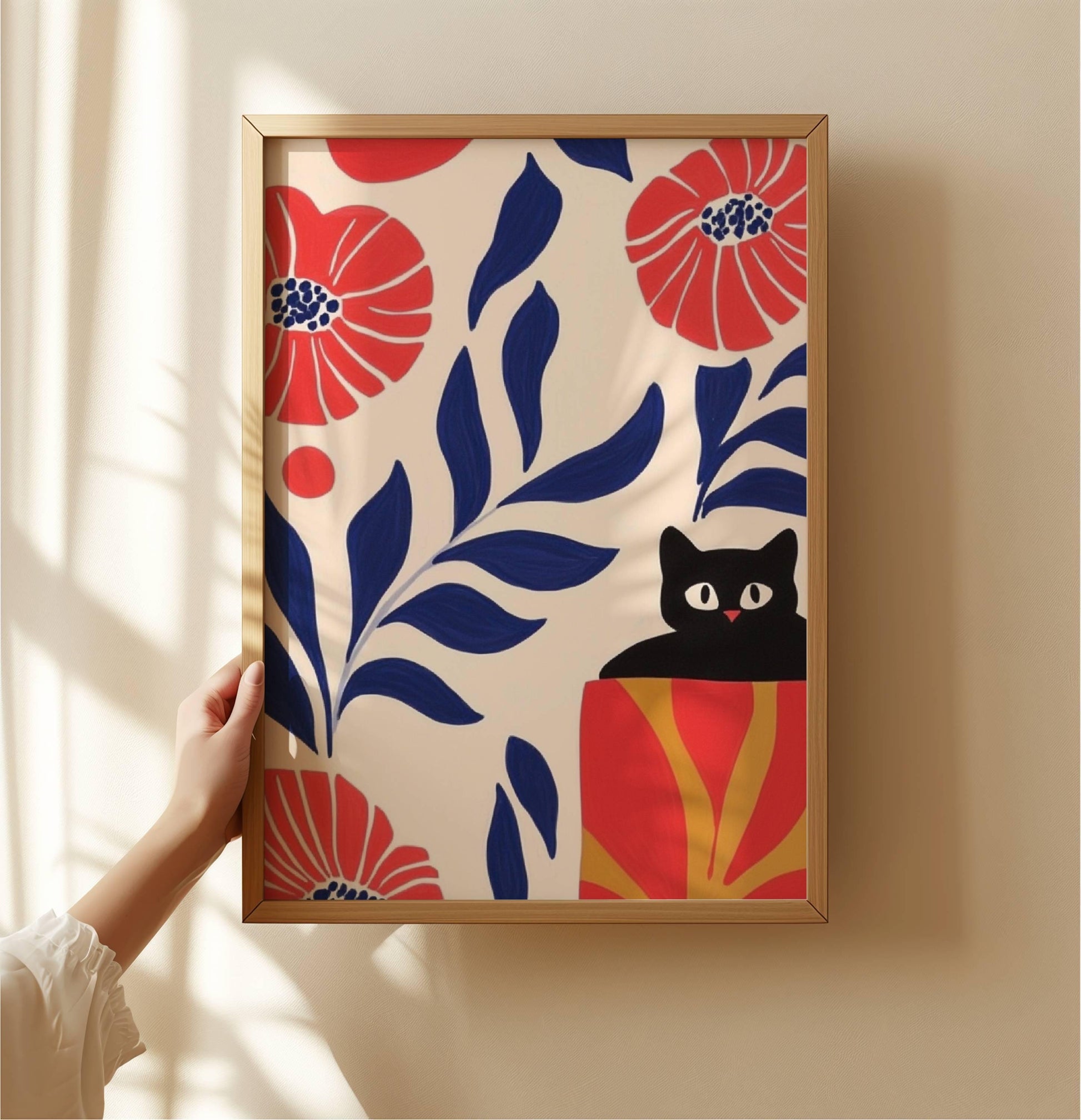 Illustration "Le chat noir et les fleurs sauvages" – Illustration cosy de chat - papier premium