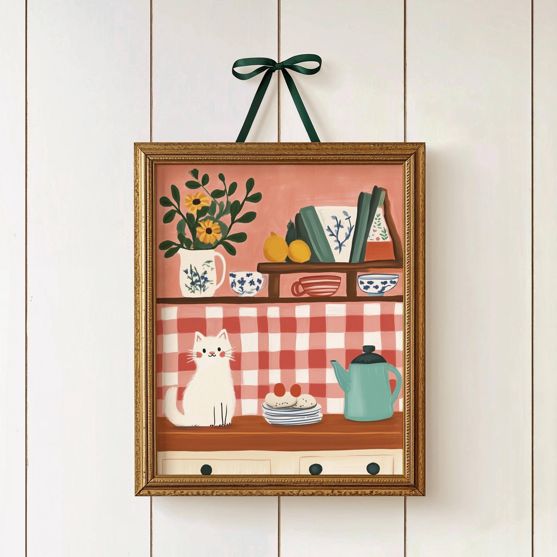 Illustration chat blanc dans sa cuisine cottagecore  et vaisselle vintage – affiche murale cosy pour cuisine - papier premium - idée cadeau