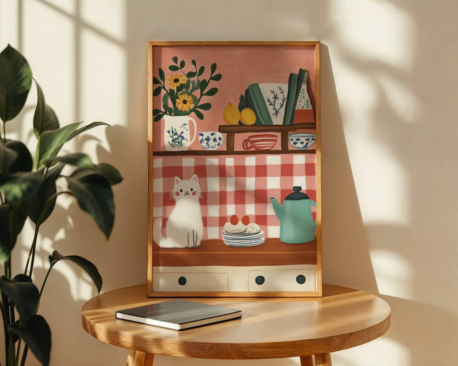 Illustration chat blanc dans sa cuisine cottagecore  et vaisselle vintage – affiche murale cosy pour cuisine - papier premium - idée cadeau