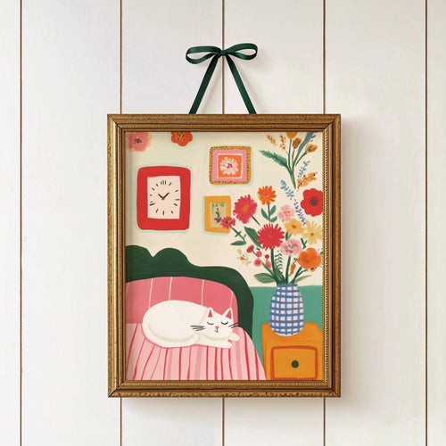 Affiche chat blanc déco chambre cosy fleurs style cottagecore – illustration murale vintage - papier premium