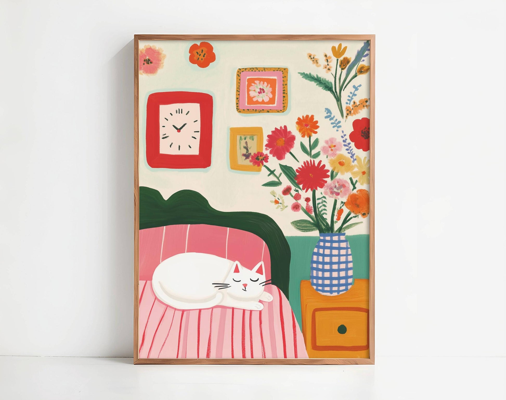 Affiche chat blanc déco chambre cosy fleurs style cottagecore – illustration murale vintage - papier premium