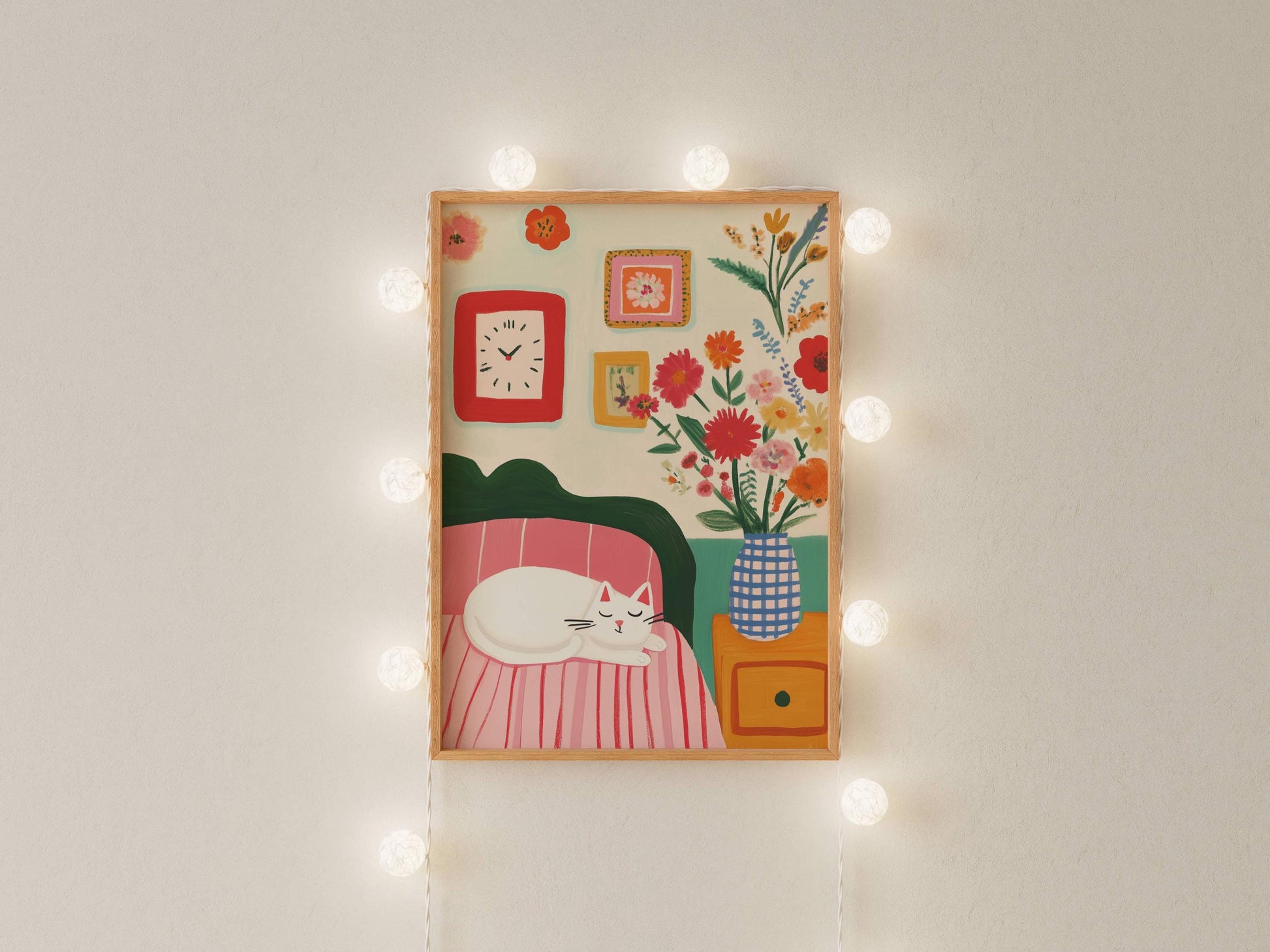 Affiche chat blanc déco chambre cosy fleurs style cottagecore – illustration murale vintage - papier premium