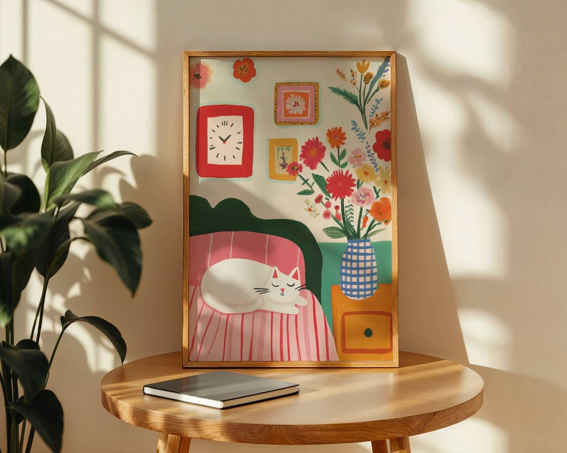 Affiche chat blanc déco chambre cosy fleurs style cottagecore – illustration murale vintage - papier premium