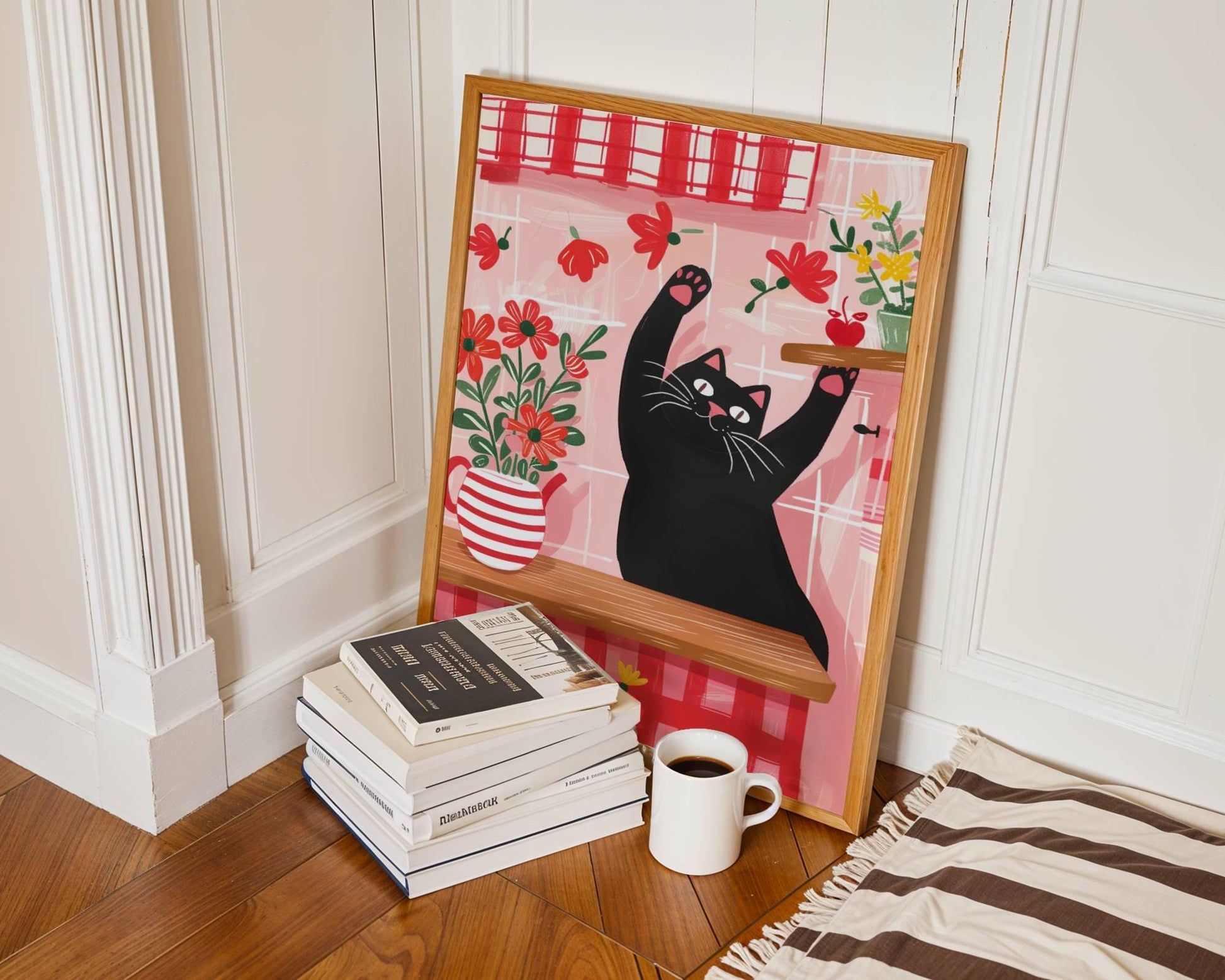 Affiche chat noir cuisine rouge vichy - illustration cottagecore fleurie - idée cadeau amoureux des chats