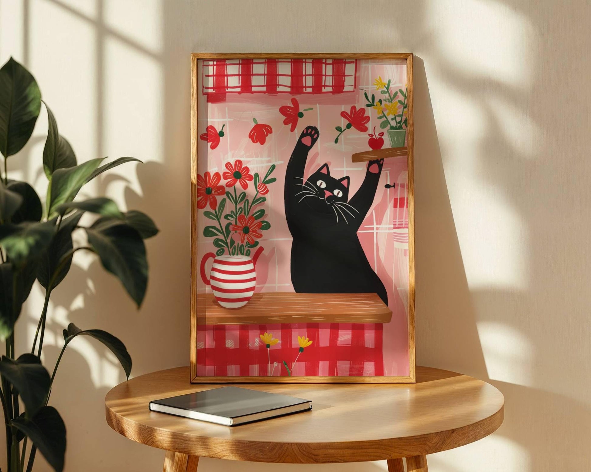 Affiche chat noir cuisine rouge vichy - illustration cottagecore fleurie - idée cadeau amoureux des chats