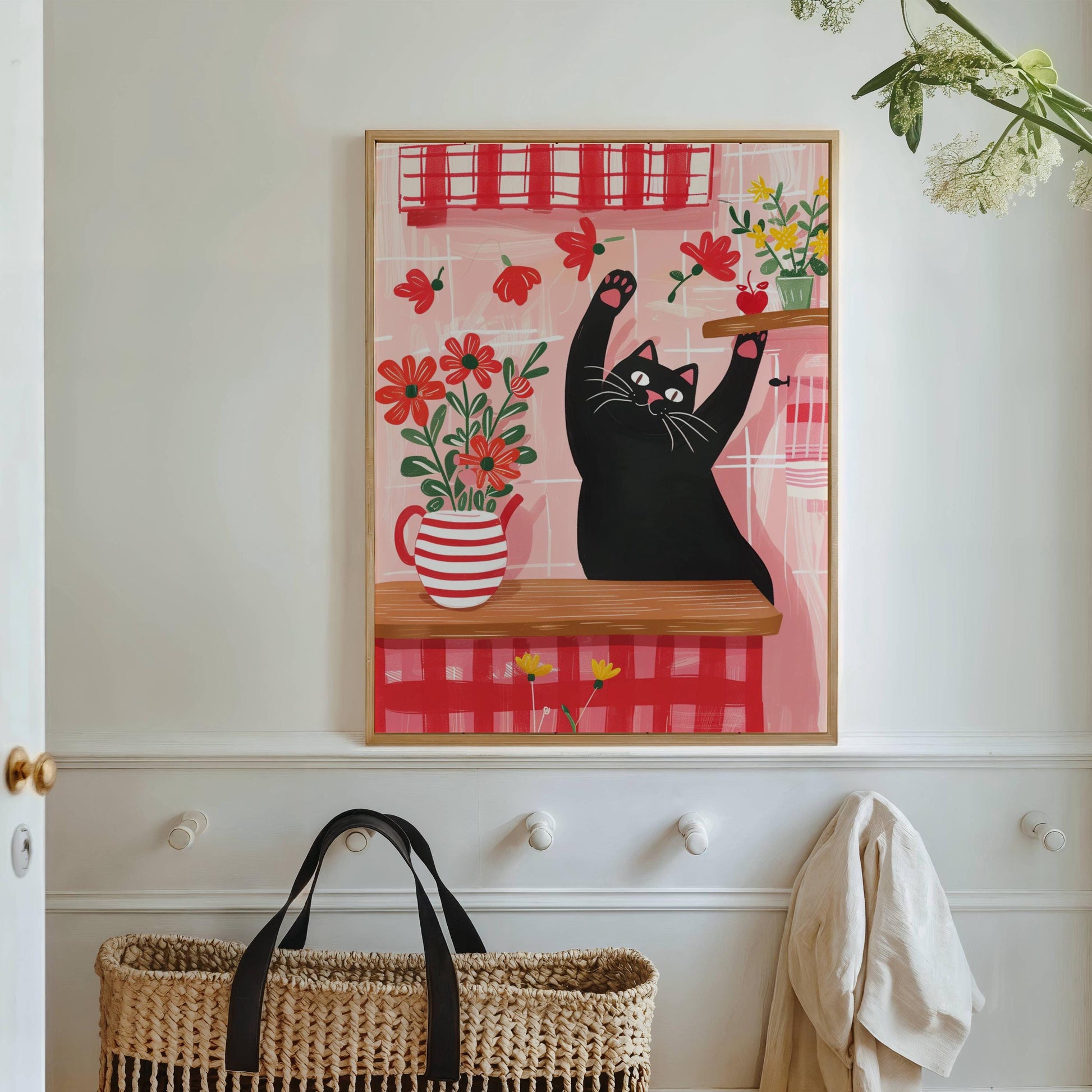 Affiche chat noir cuisine rouge vichy - illustration cottagecore fleurie - idée cadeau amoureux des chats