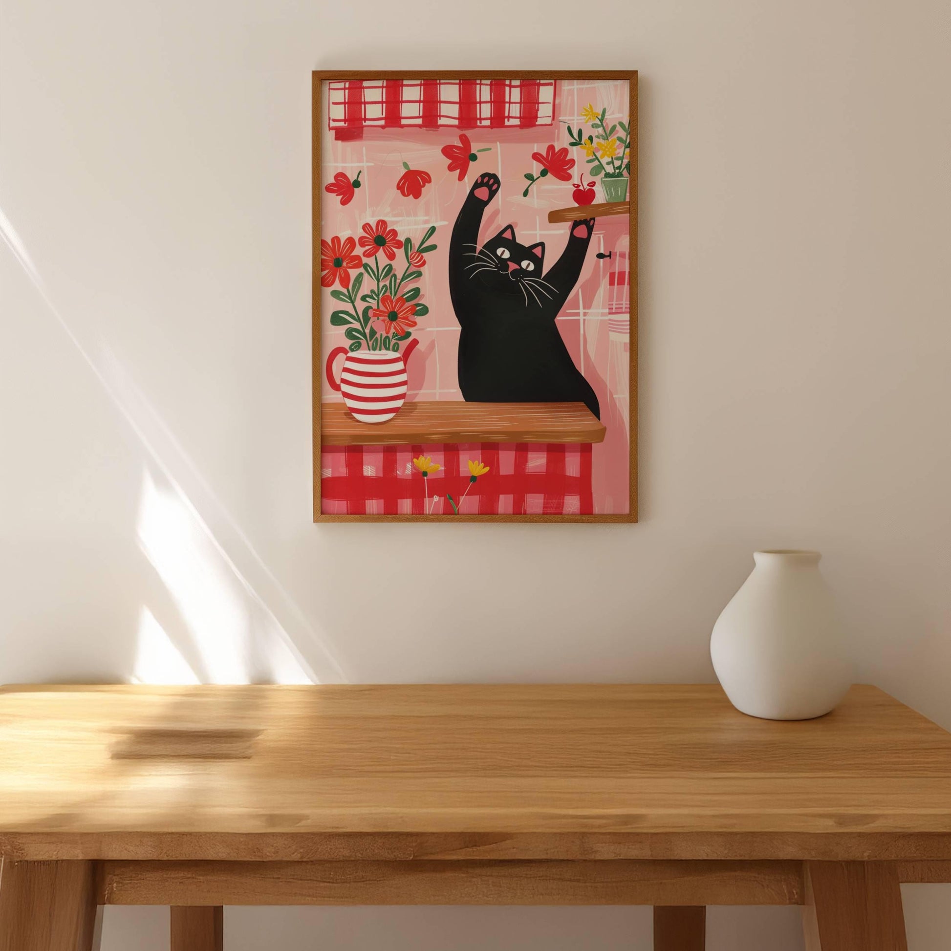 Affiche chat noir cuisine rouge vichy - illustration cottagecore fleurie - idée cadeau amoureux des chats