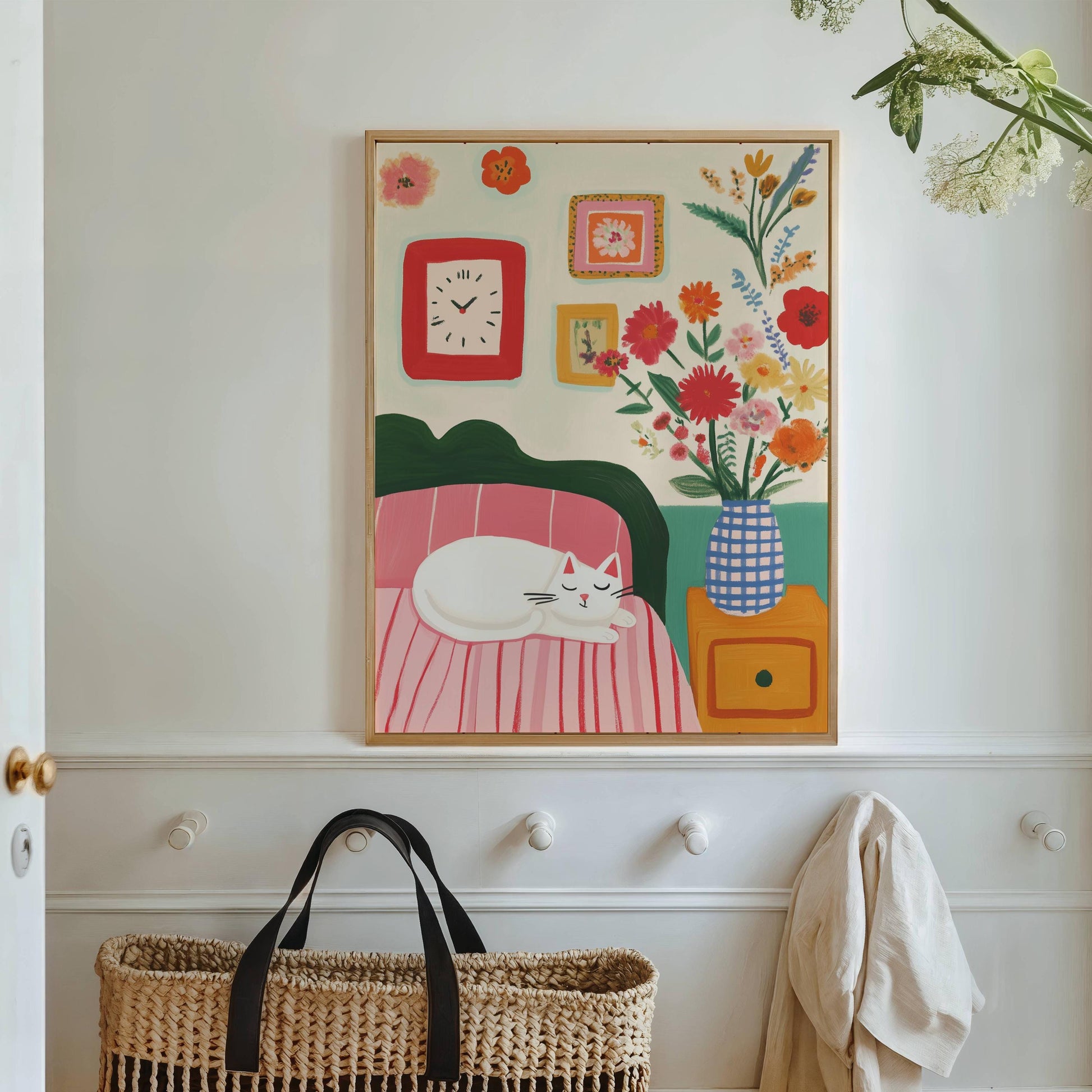 Affiche chat blanc déco chambre cosy fleurs style cottagecore – illustration murale vintage - papier premium