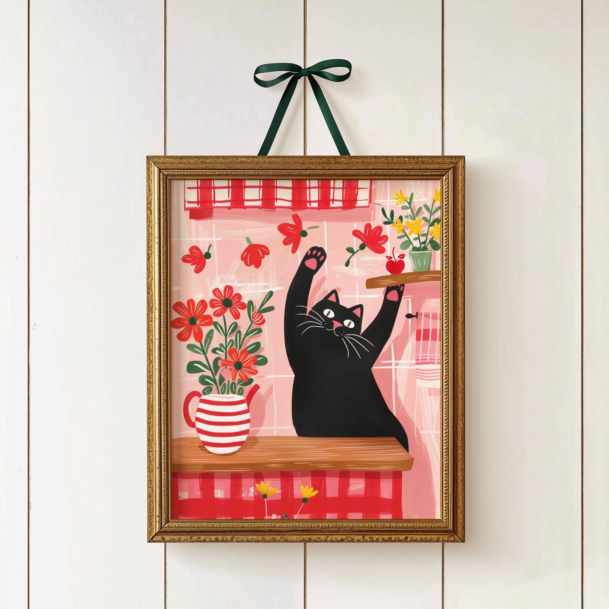 Affiche chat noir cuisine rouge vichy - illustration cottagecore fleurie - idée cadeau amoureux des chats