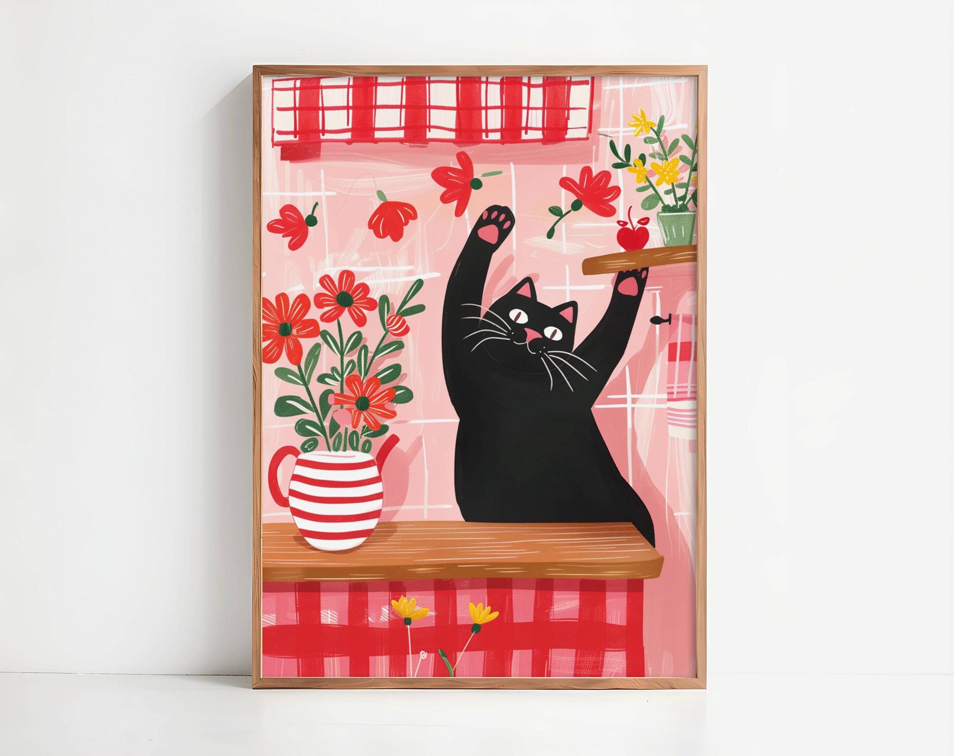 Affiche chat noir cuisine rouge vichy - illustration cottagecore fleurie - idée cadeau amoureux des chats