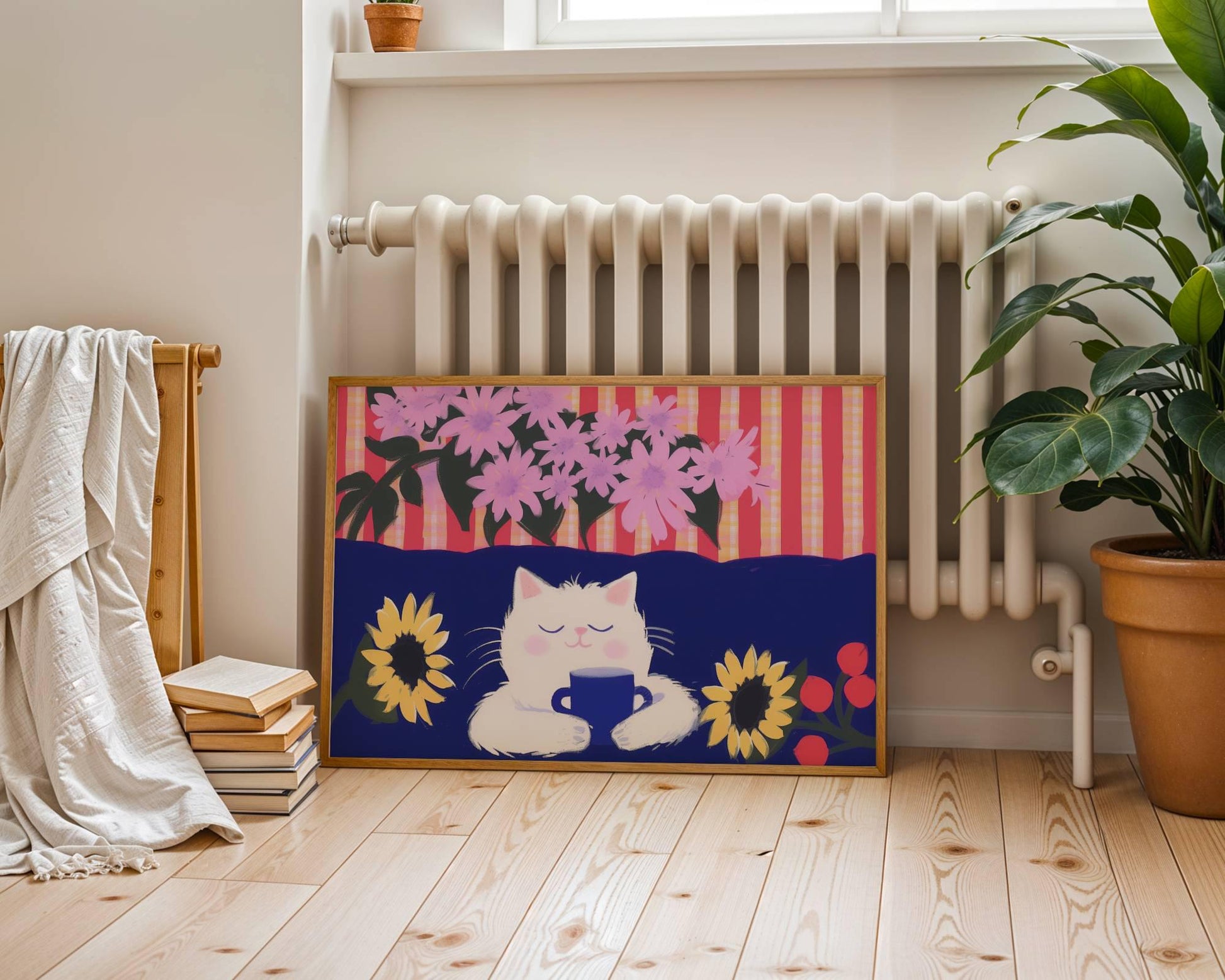 Illustration chat blanc  – affiche chat horizontal - idée cadeau amoureux chats