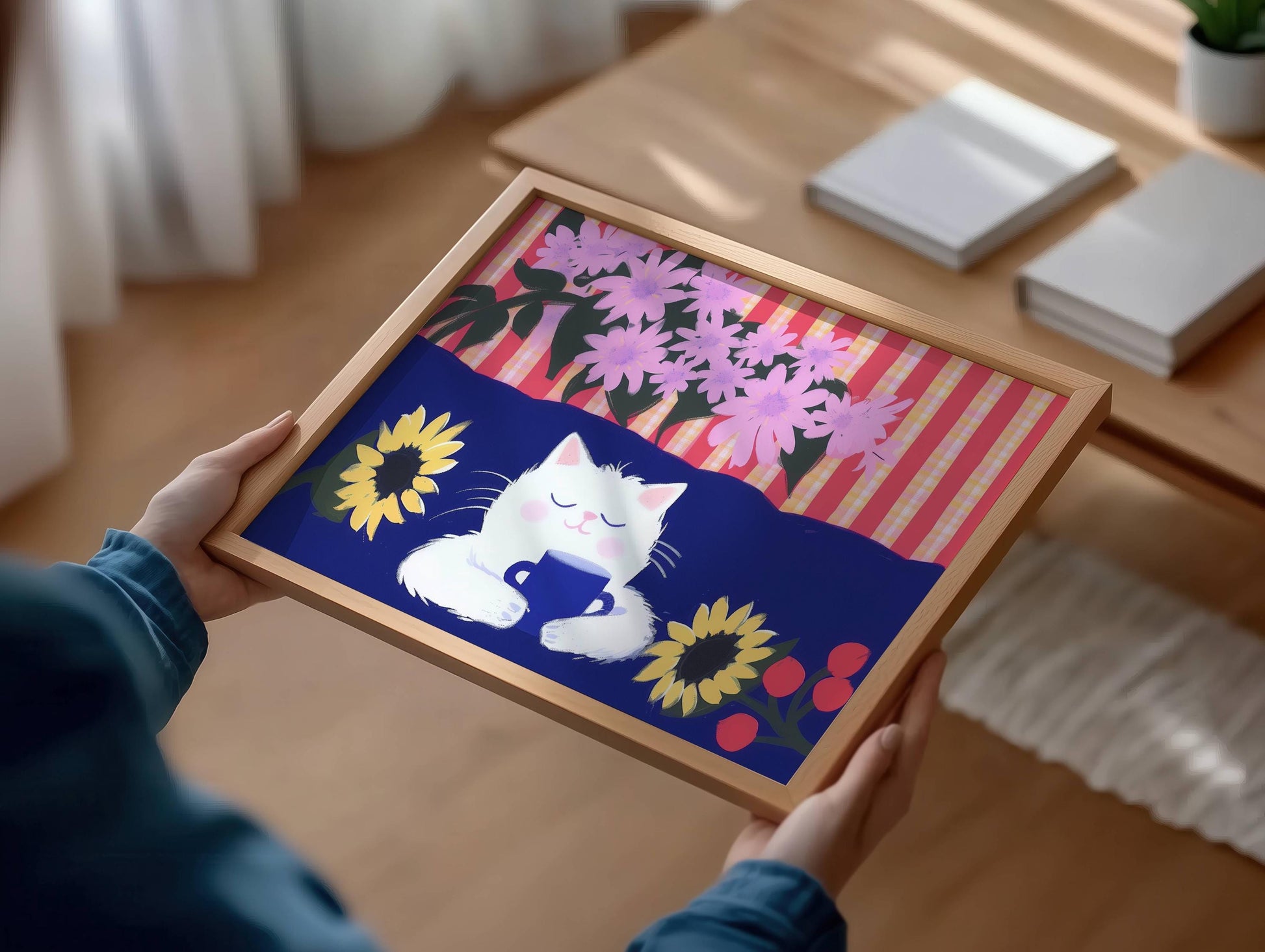 Illustration chat blanc  – affiche chat horizontal - idée cadeau amoureux chats