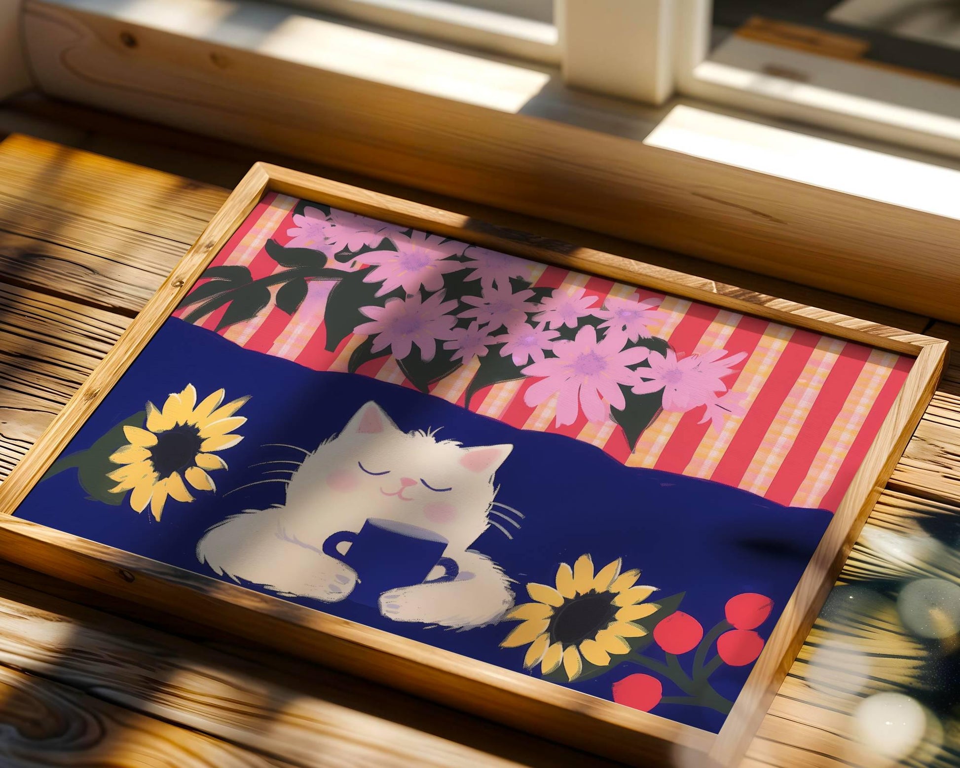 Illustration chat blanc  – affiche chat horizontal - idée cadeau amoureux chats