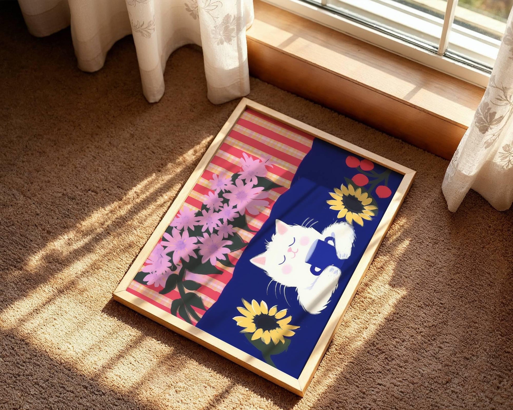 Illustration chat blanc  – affiche chat horizontal - idée cadeau amoureux chats