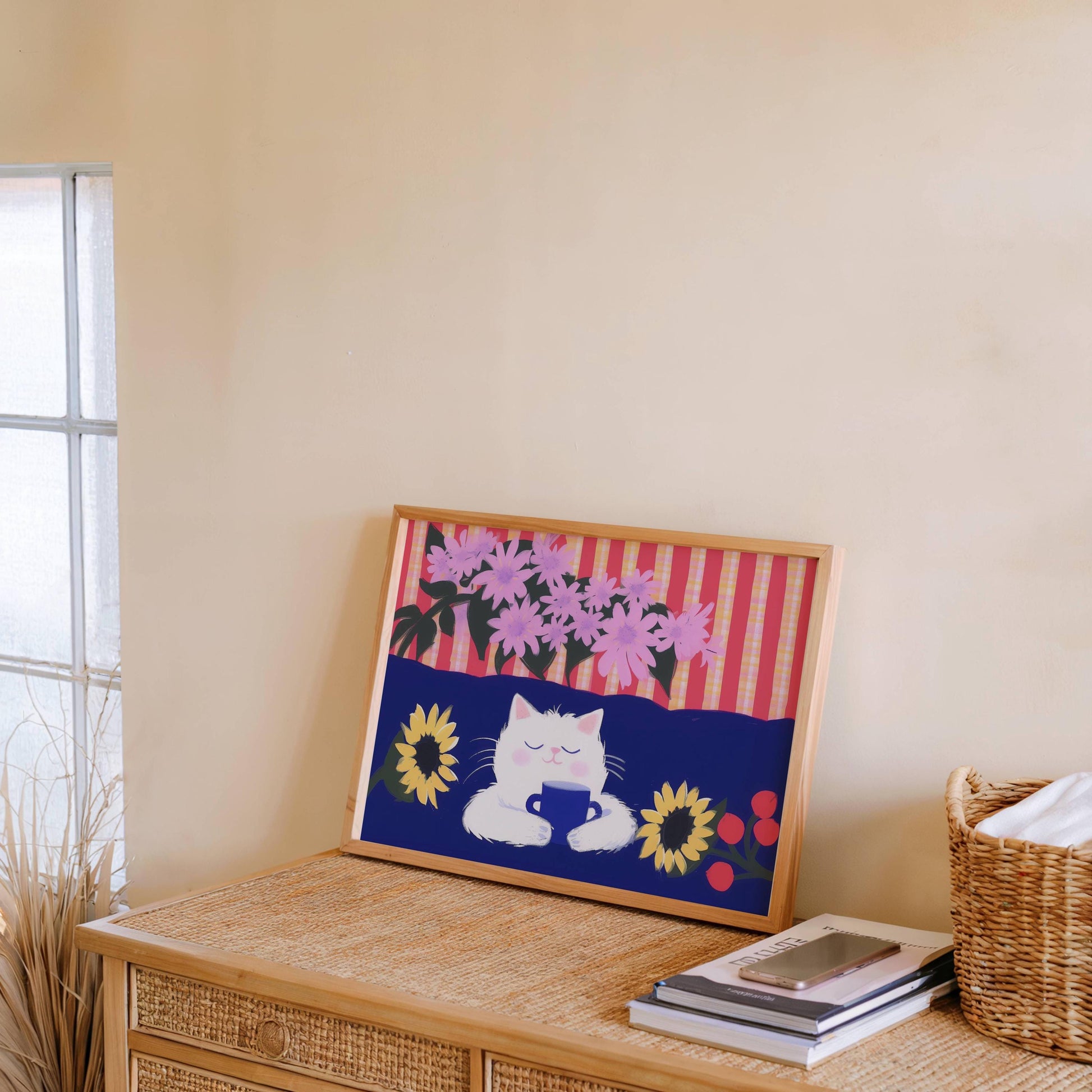 Illustration chat blanc  – affiche chat horizontal - idée cadeau amoureux chats