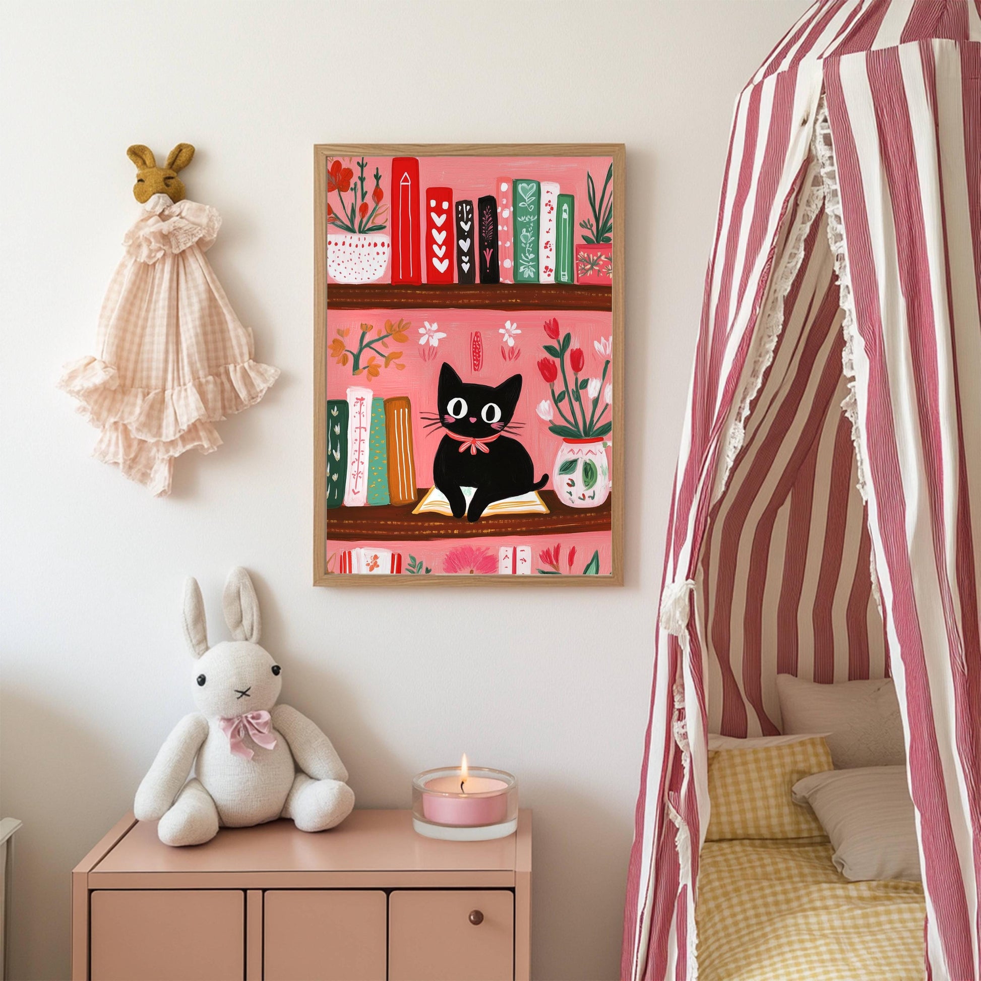 Illustration chat noir Noël – Affiche chat cottagecore rose – idée cadeau amoureux chats