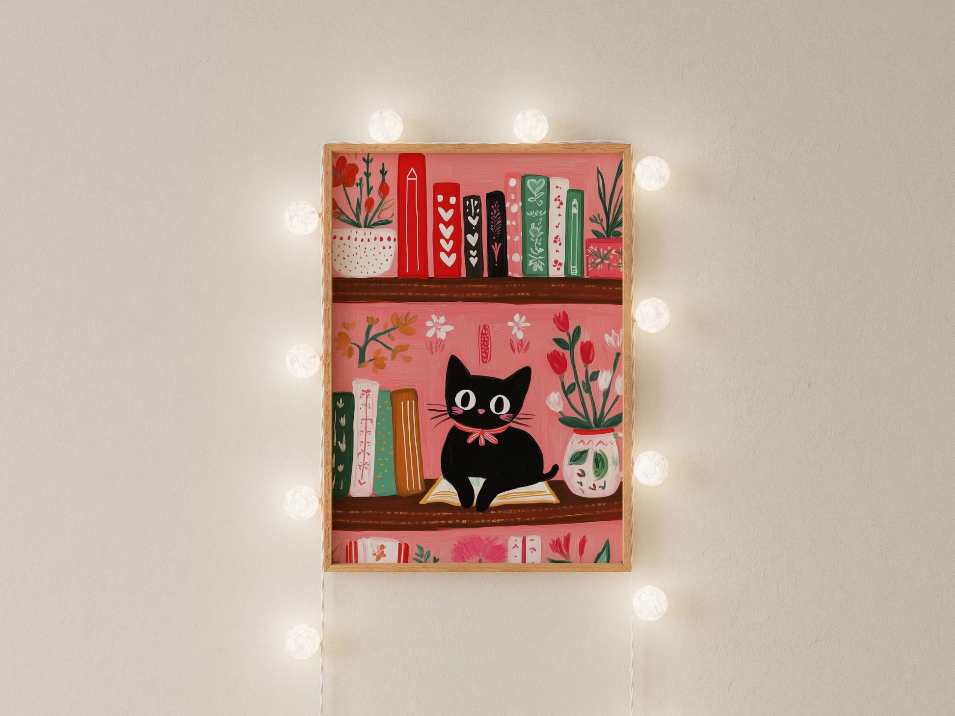 Illustration chat noir Noël – Affiche chat cottagecore rose – idée cadeau amoureux chats