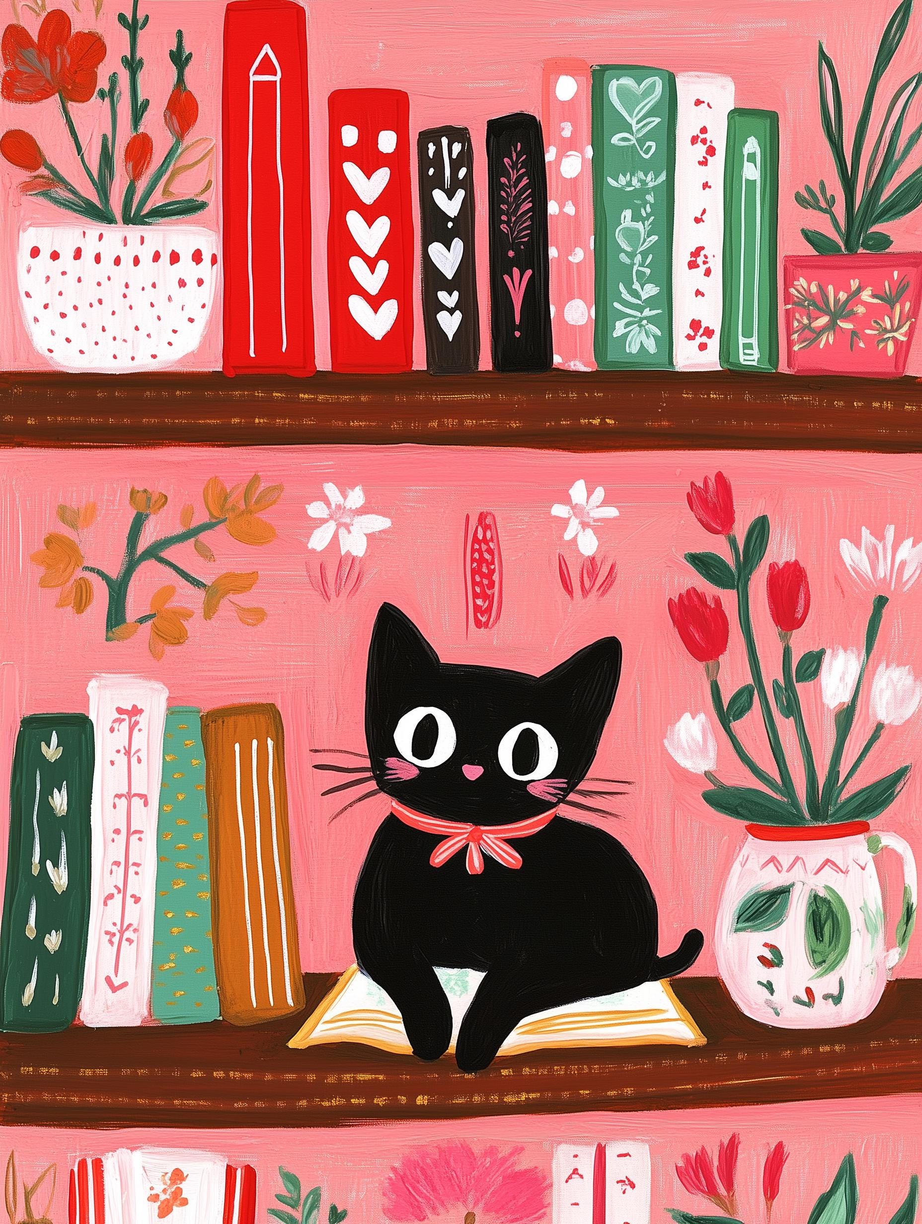 Illustration chat noir Noël – Affiche chat cottagecore rose – idée cadeau amoureux chats