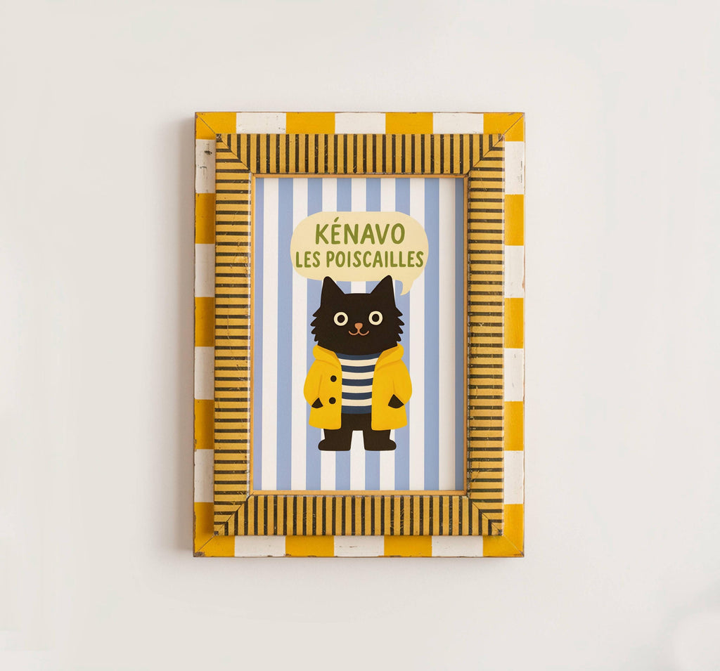 Illustration chat noir - Affiche bretonne chat noir - déco bord de mer - idée cadeau amoureux des chats