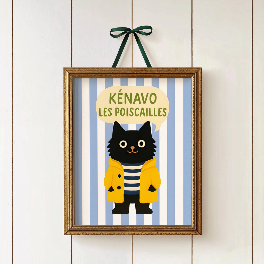 Illustration chat noir - Affiche bretonne chat noir - déco bord de mer - idée cadeau amoureux des chats