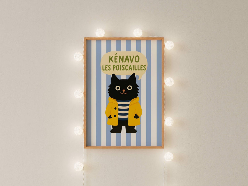 Illustration chat noir - Affiche bretonne chat noir - déco bord de mer - idée cadeau amoureux des chats