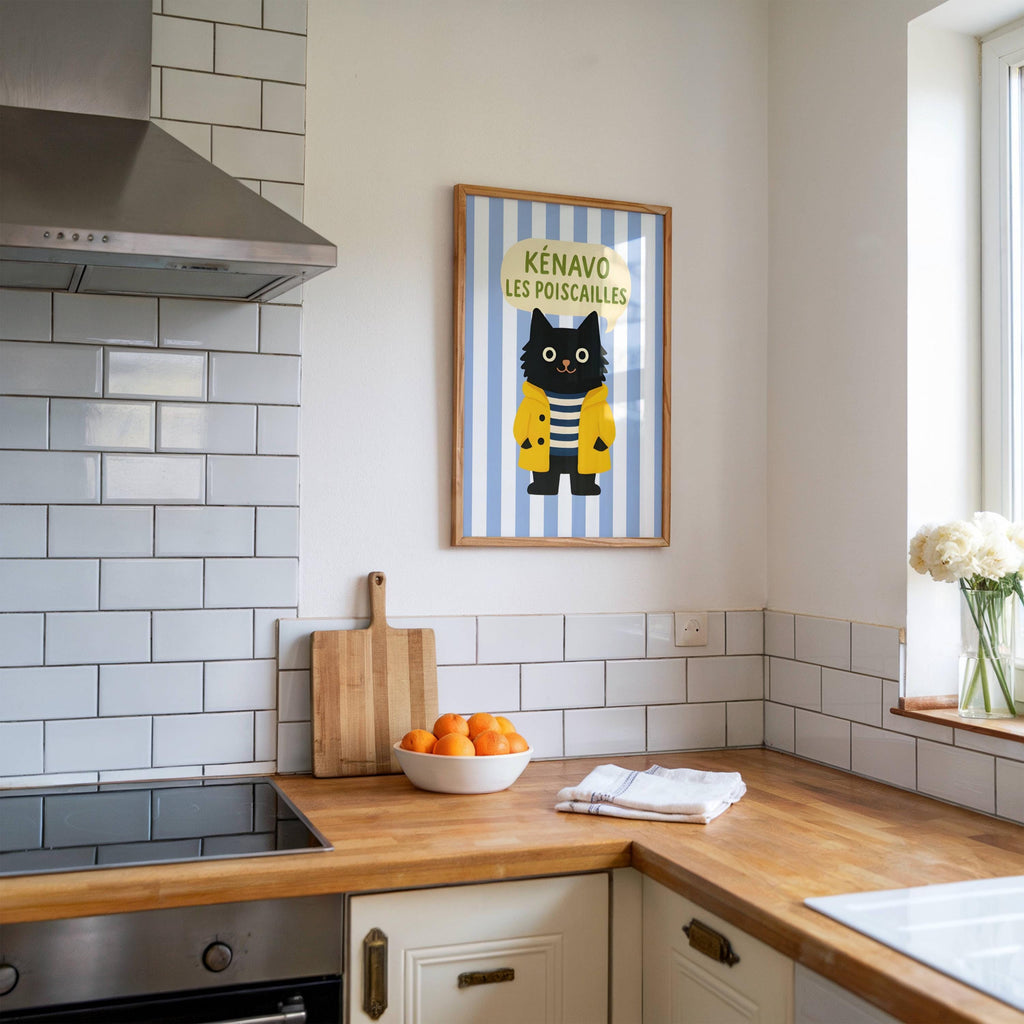 Illustration chat noir - Affiche bretonne chat noir - déco bord de mer - idée cadeau amoureux des chats