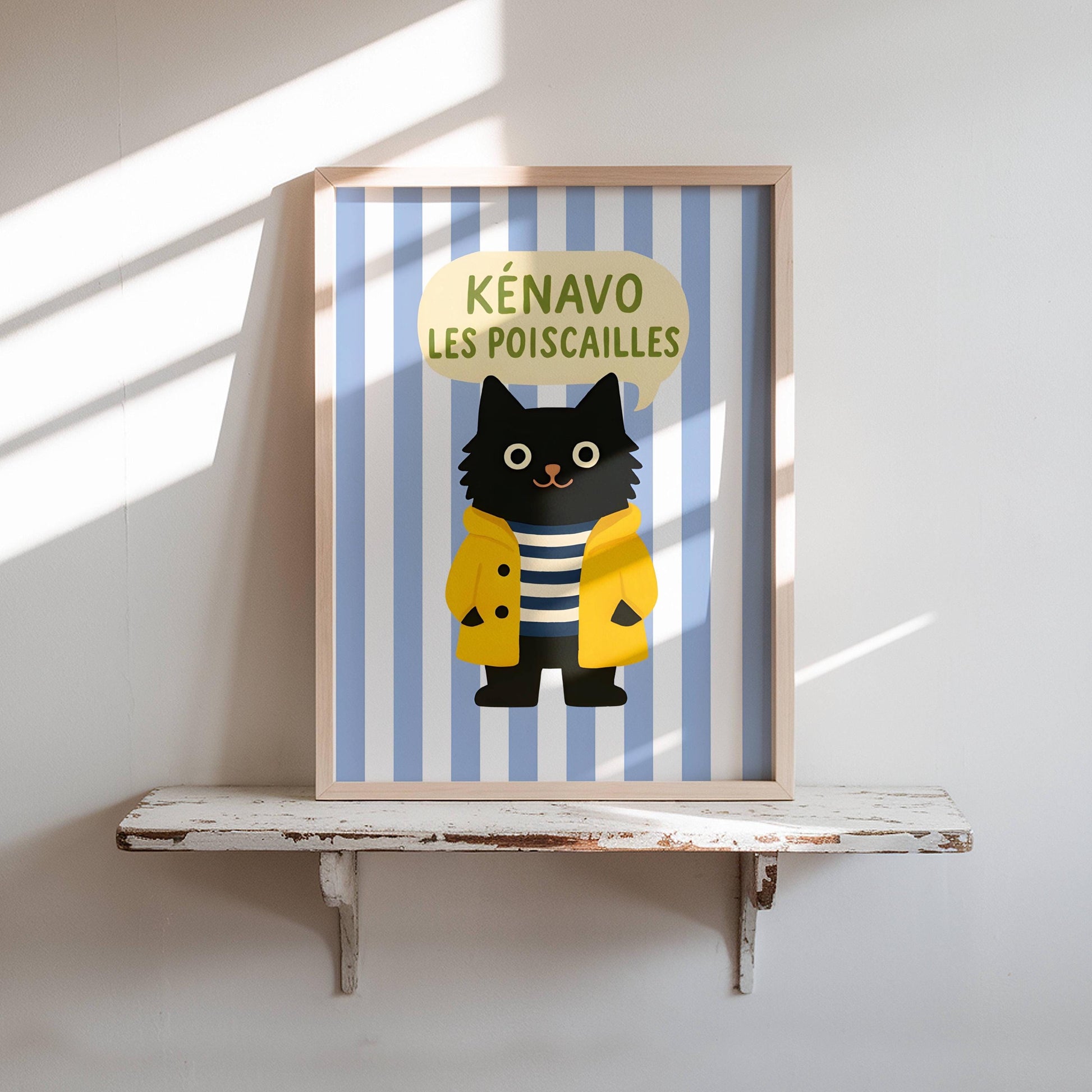 Illustration chat noir - Affiche bretonne chat noir - déco bord de mer - idée cadeau amoureux des chats