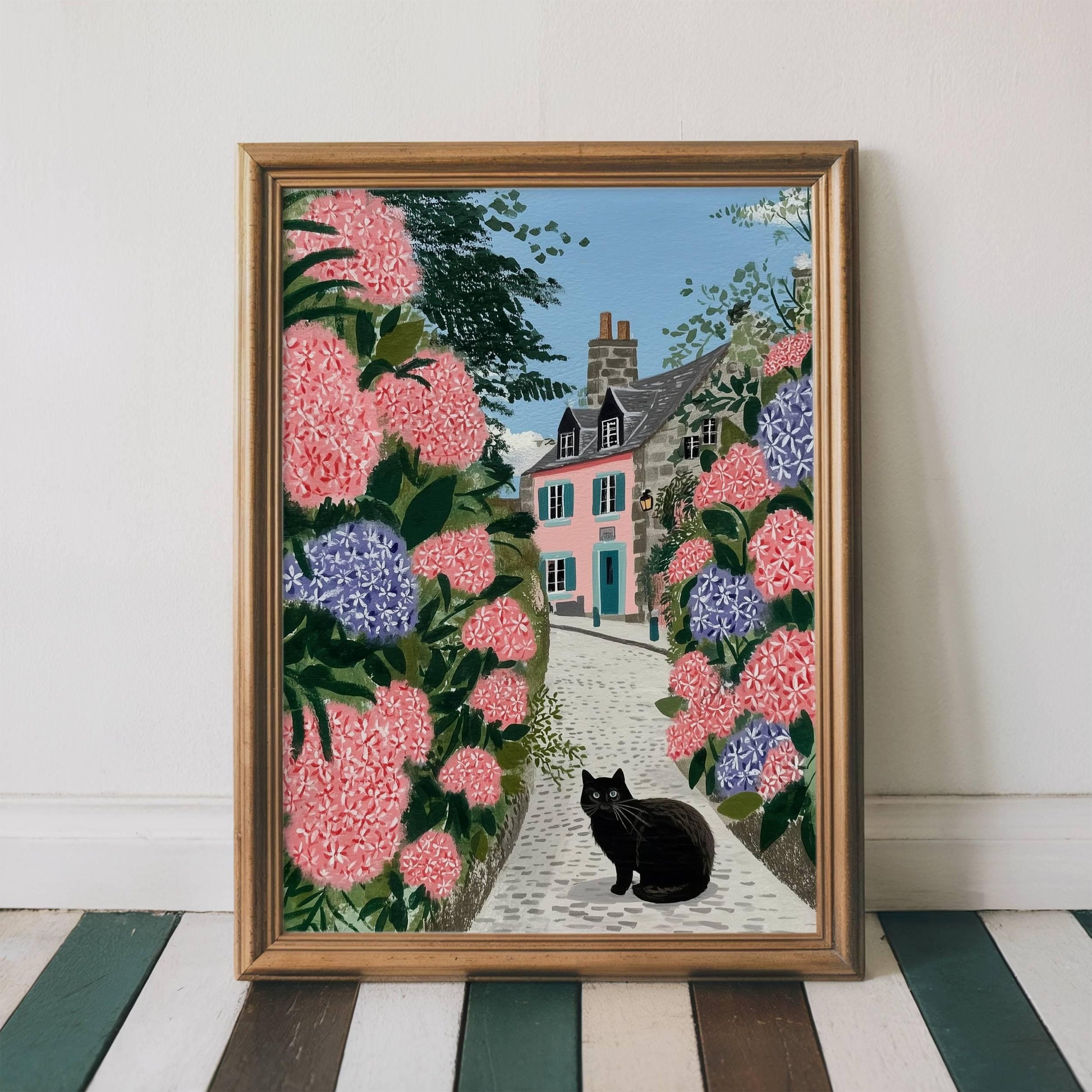 Illustration chat noir hortensias bretagne - déco murale poétique - papier premium - idée cadeau breton
