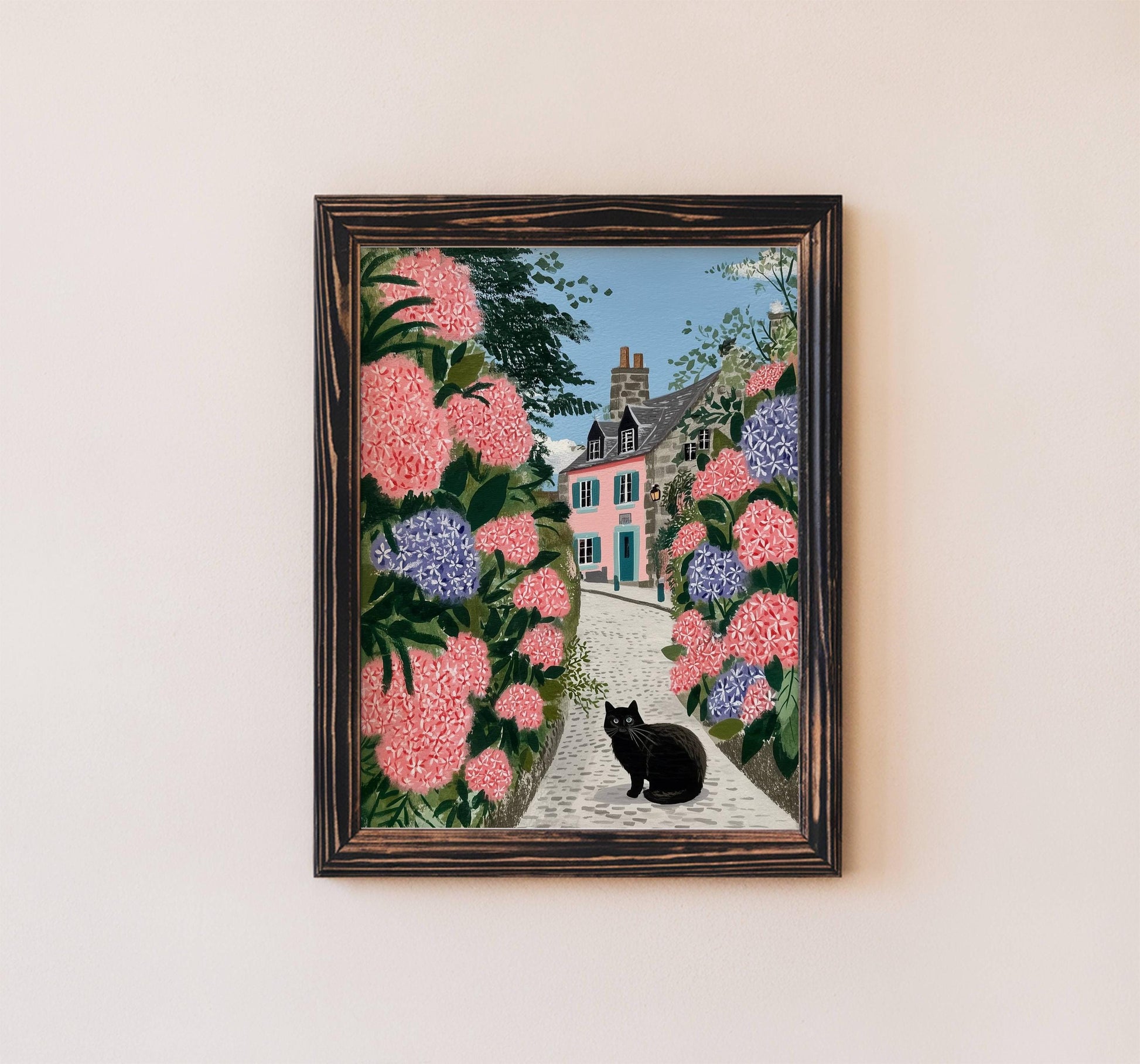 Illustration chat noir hortensias bretagne - déco murale poétique - papier premium - idée cadeau breton