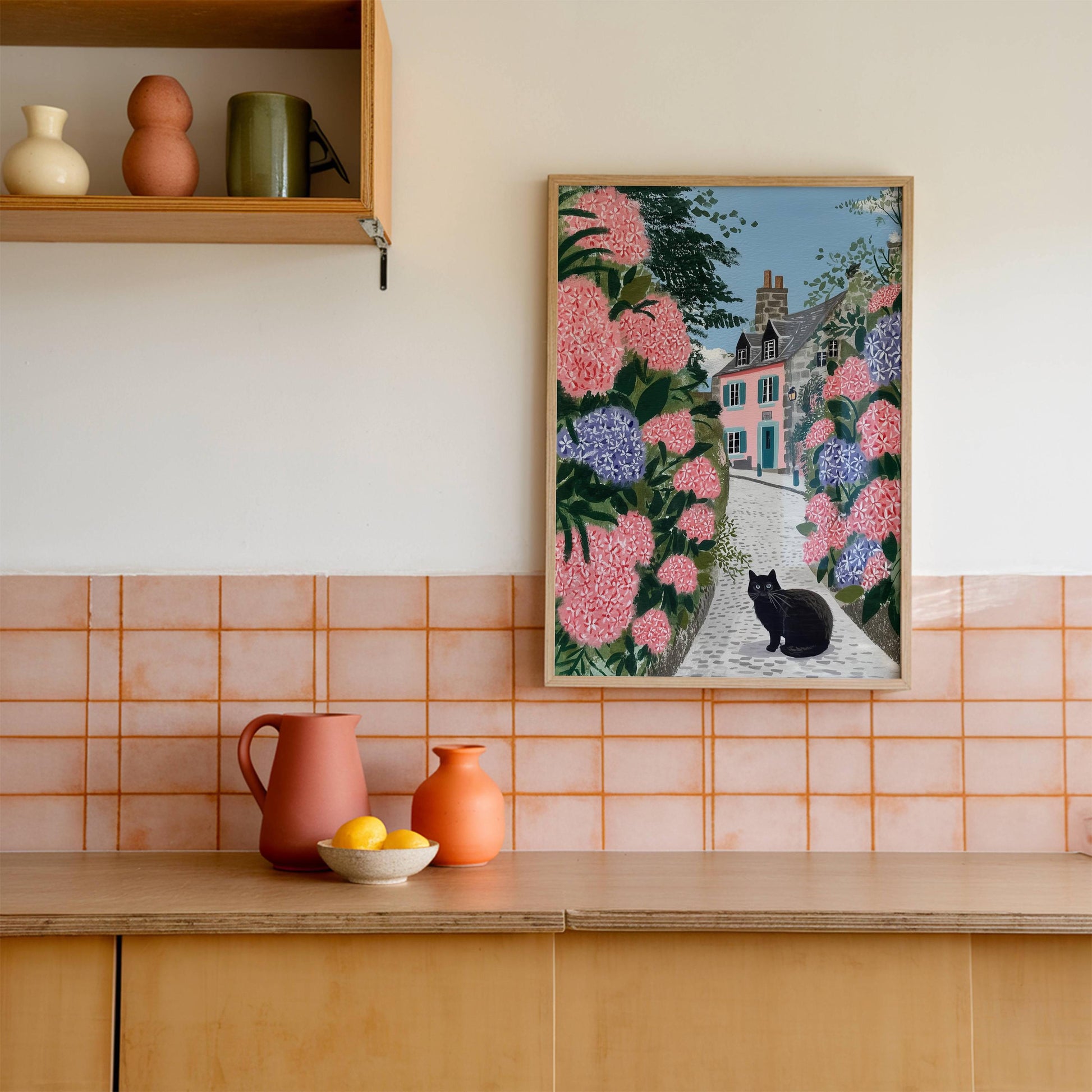 Illustration chat noir hortensias bretagne - déco murale poétique - papier premium - idée cadeau breton