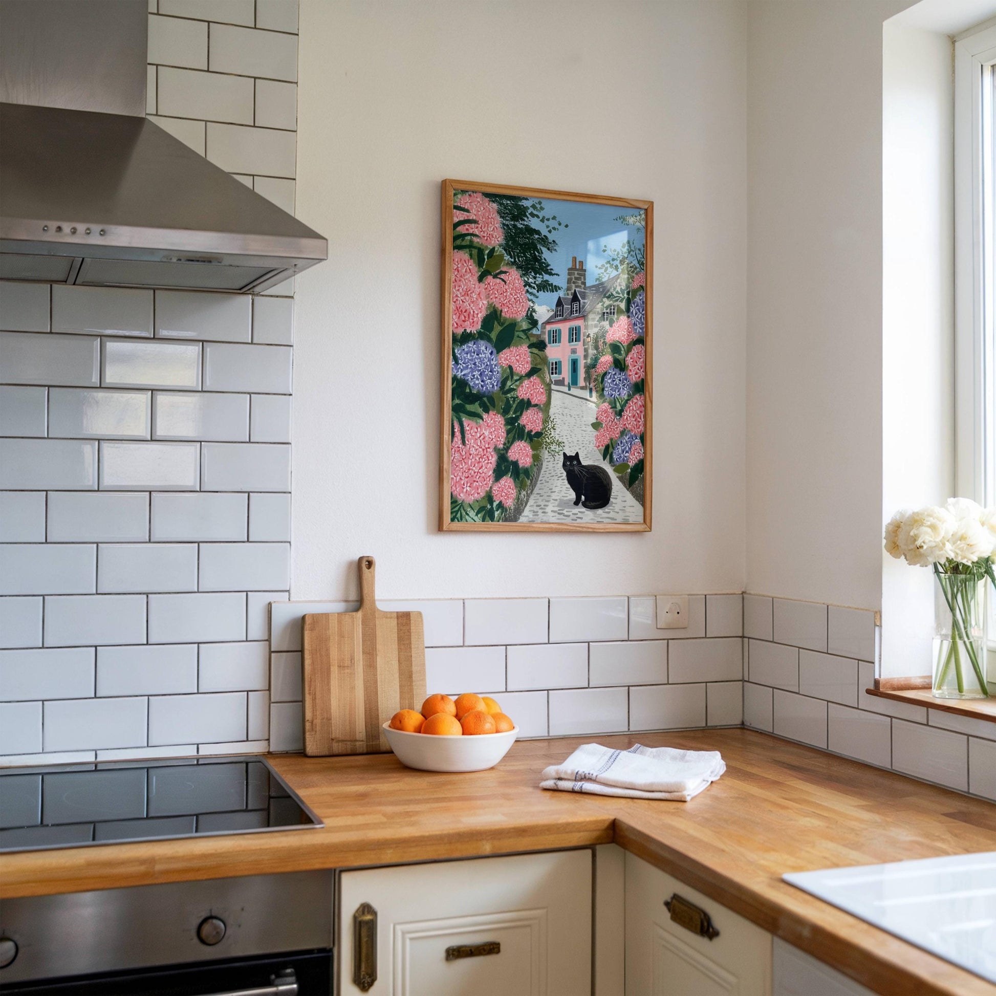 Illustration chat noir hortensias bretagne - déco murale poétique - papier premium - idée cadeau breton