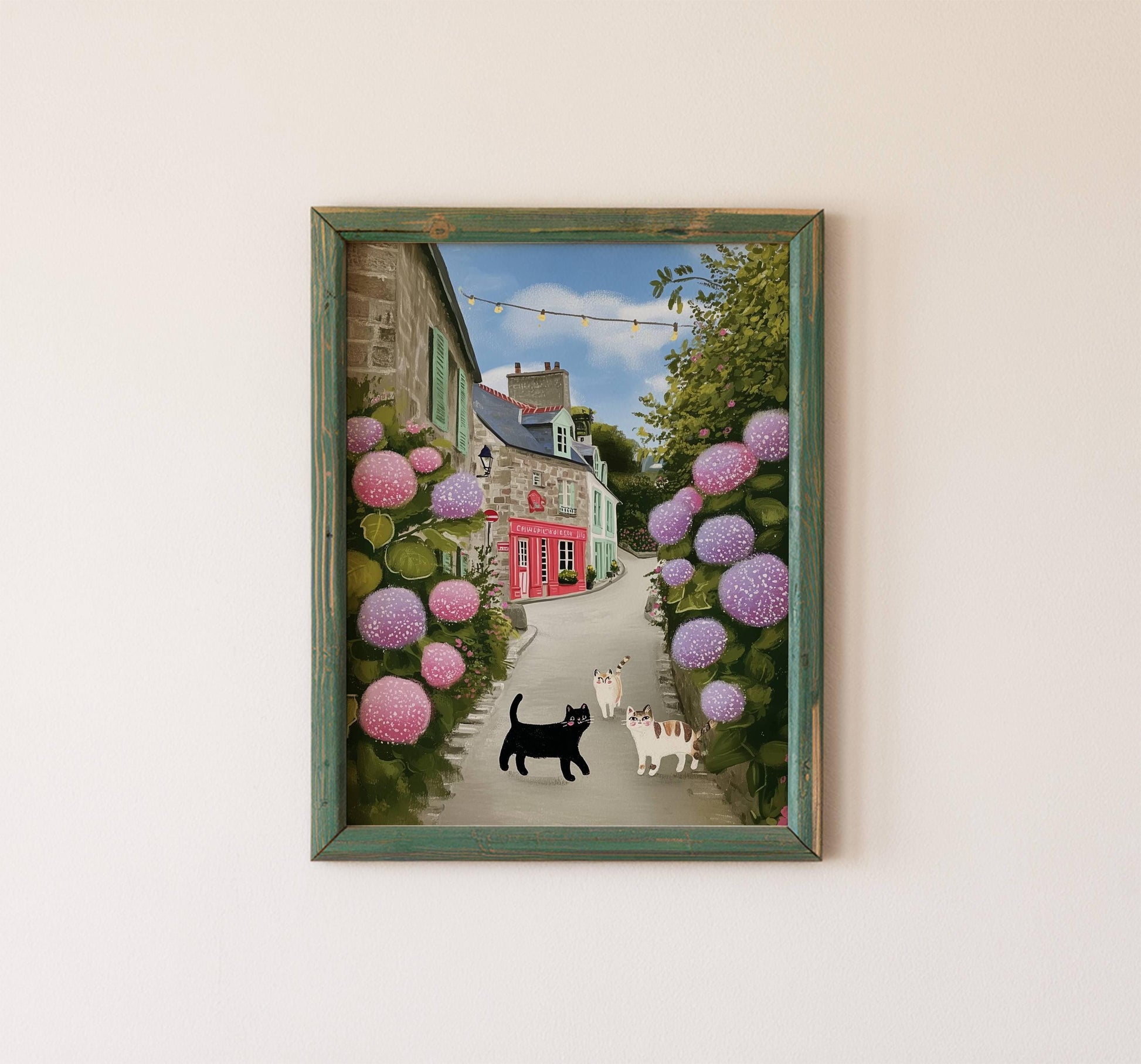 Illustration les 3 petits chats en bretagne – Chats et hortensias - papier premium - idée cadeau breton cottagecore