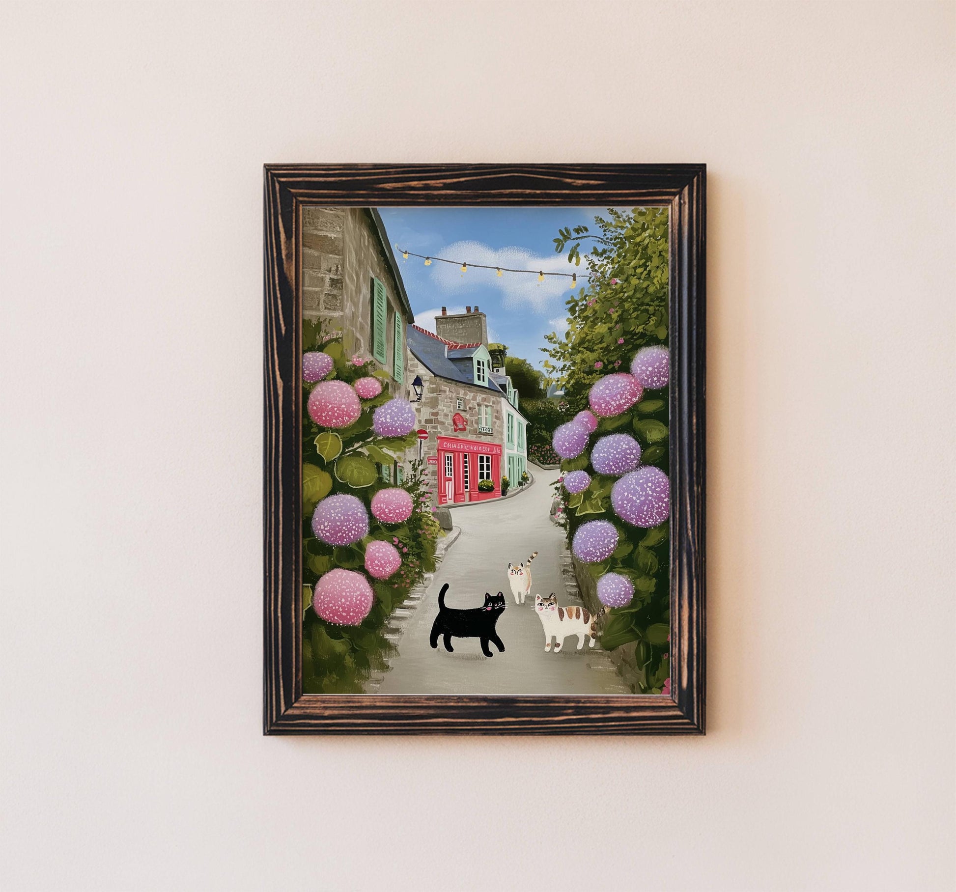 Illustration les 3 petits chats en bretagne – Chats et hortensias - papier premium - idée cadeau breton cottagecore