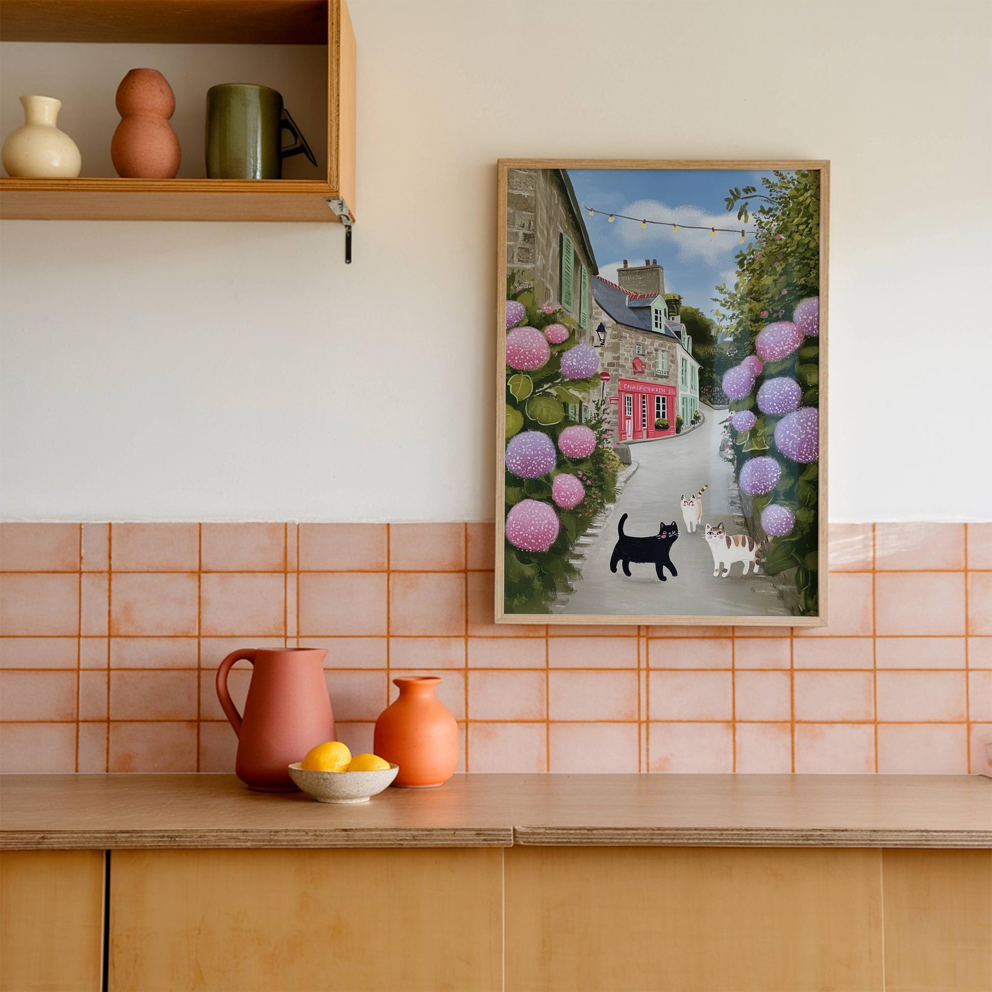 Illustration les 3 petits chats en bretagne – Chats et hortensias - papier premium - idée cadeau breton cottagecore